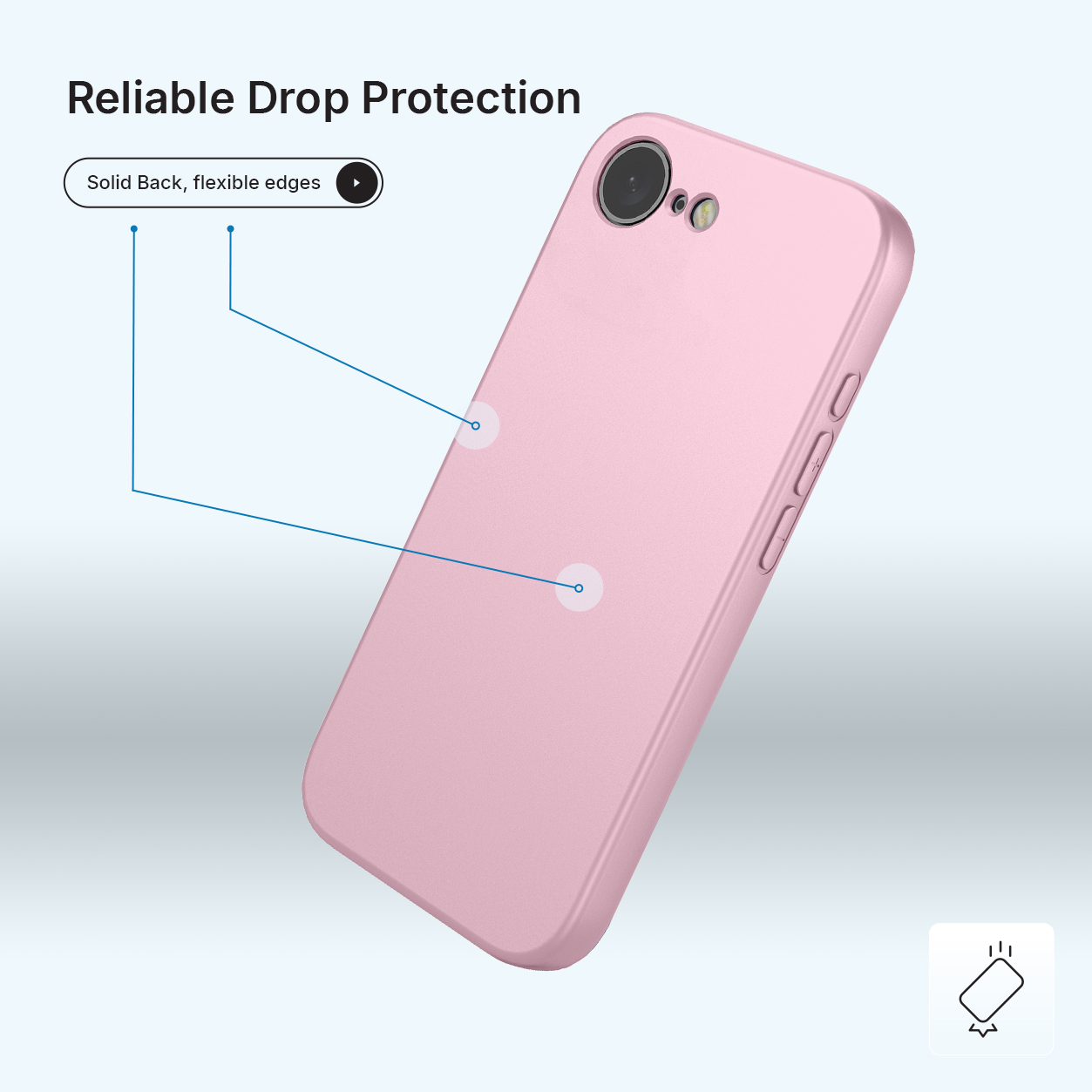 Een roze telefoonhoesje met "Solid Back, flexible edges" tekst.