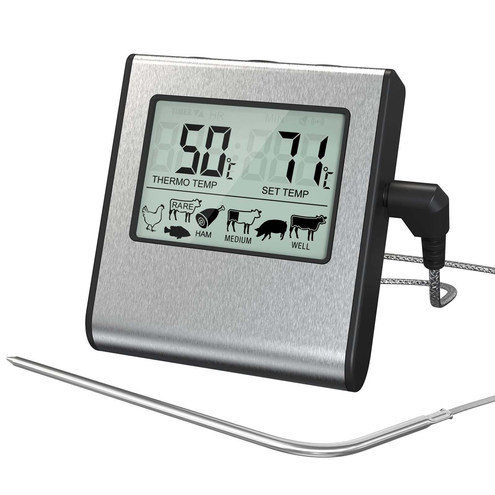 Digitales Fleischthermometer mit LCD-Anzeige, Thermometer und Sollwert.