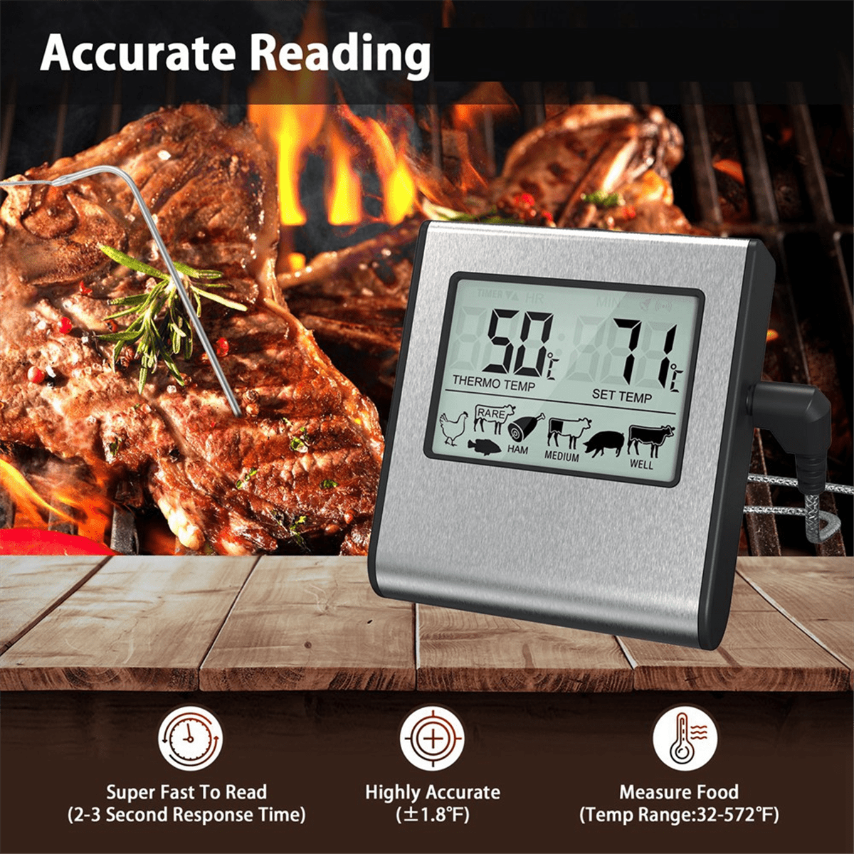Digitales Fleischthermometer auf einem Grill mit Steak vor dem Hintergrund von Flammen.