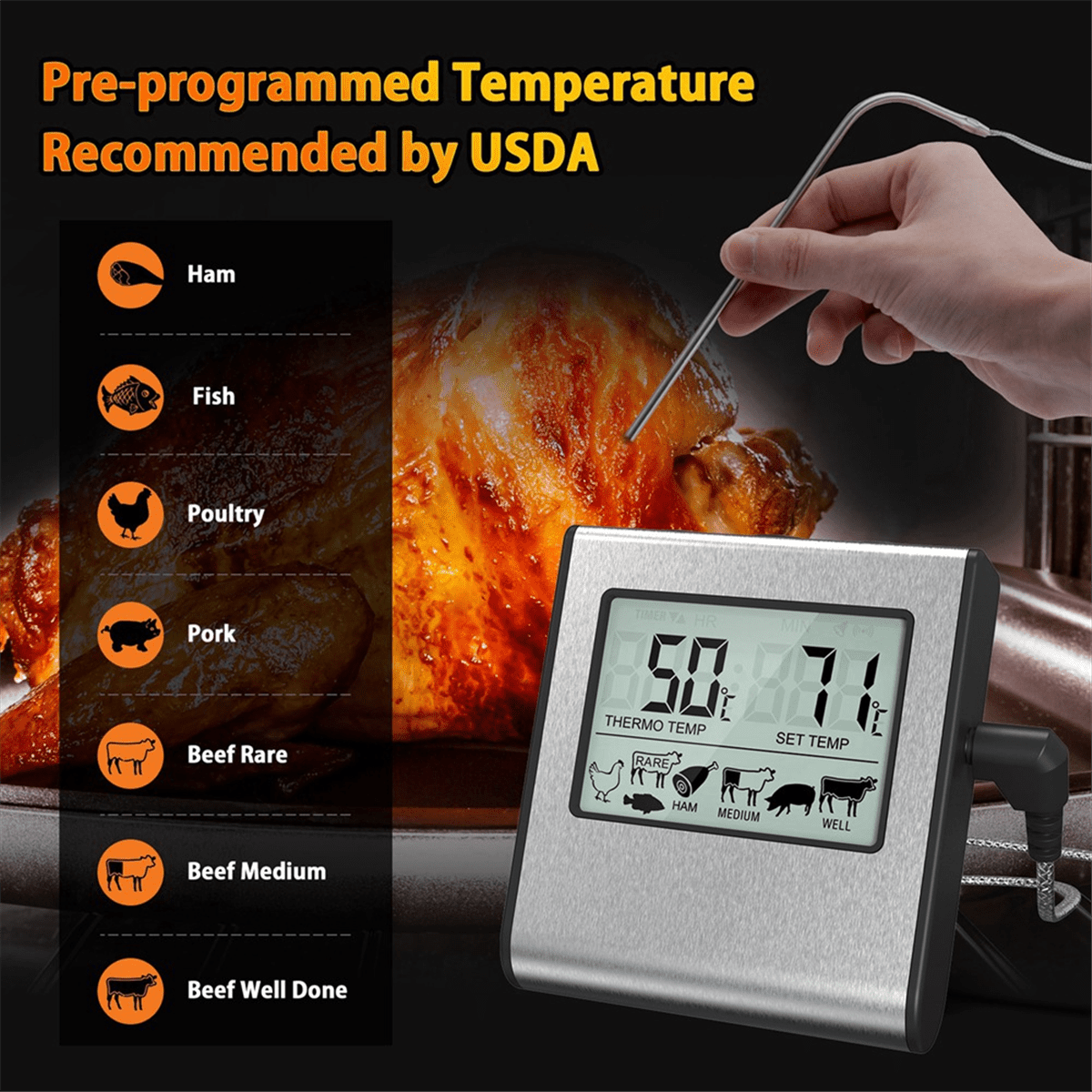 Fleischthermometer mit LCD-Anzeige neben einem gebratenen Huhn.