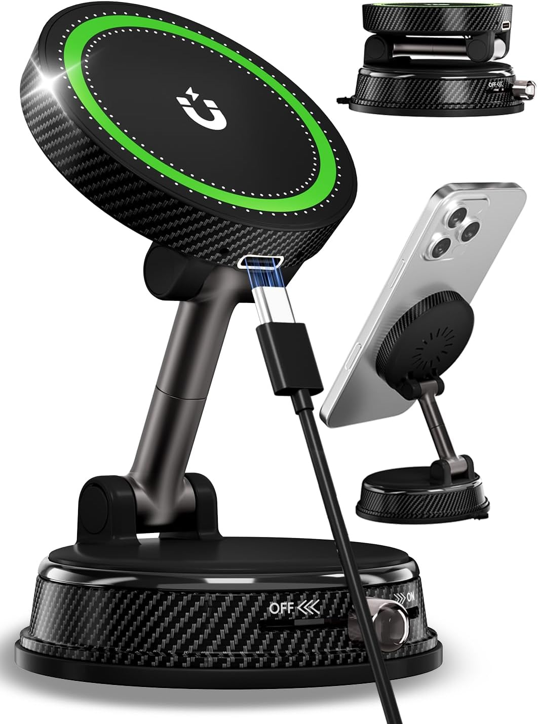 Schwarzer Qi-Ladeständer mit grüner LED-Leiste, lädt ein iPhone auf einem Ständer.