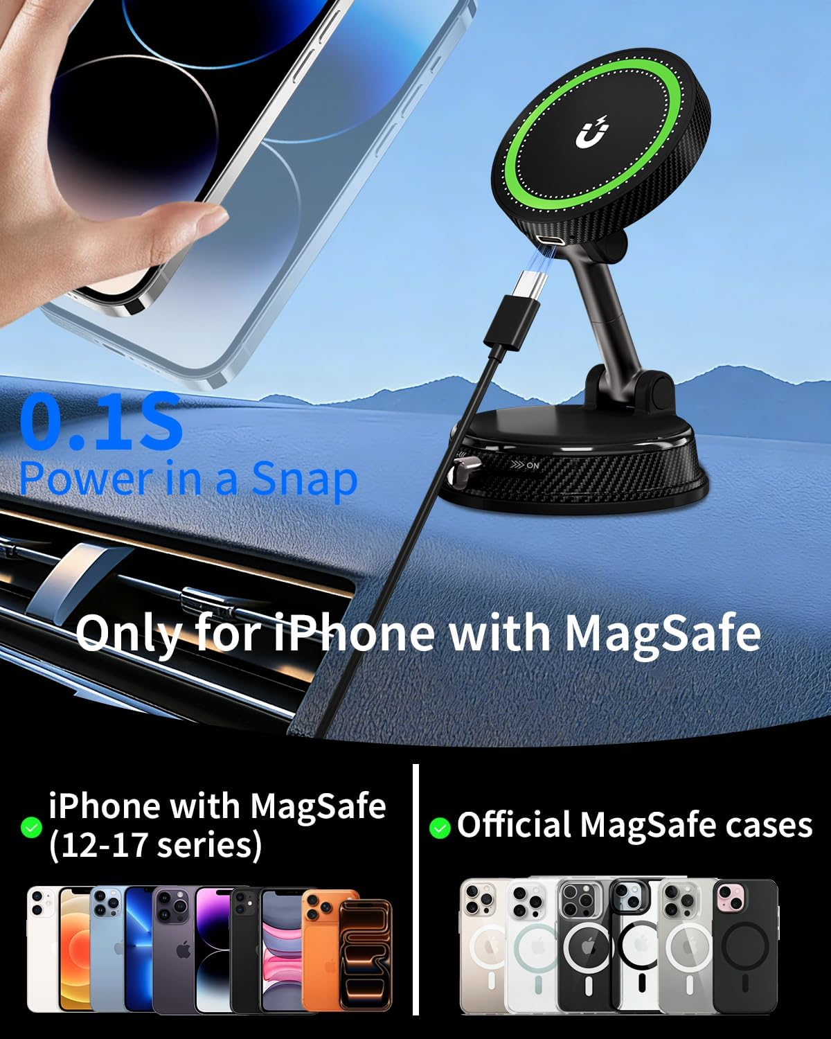 iPhone mit MagSafe-Ladegerät und verschiedenen Hüllen auf einer Armaturentafel.