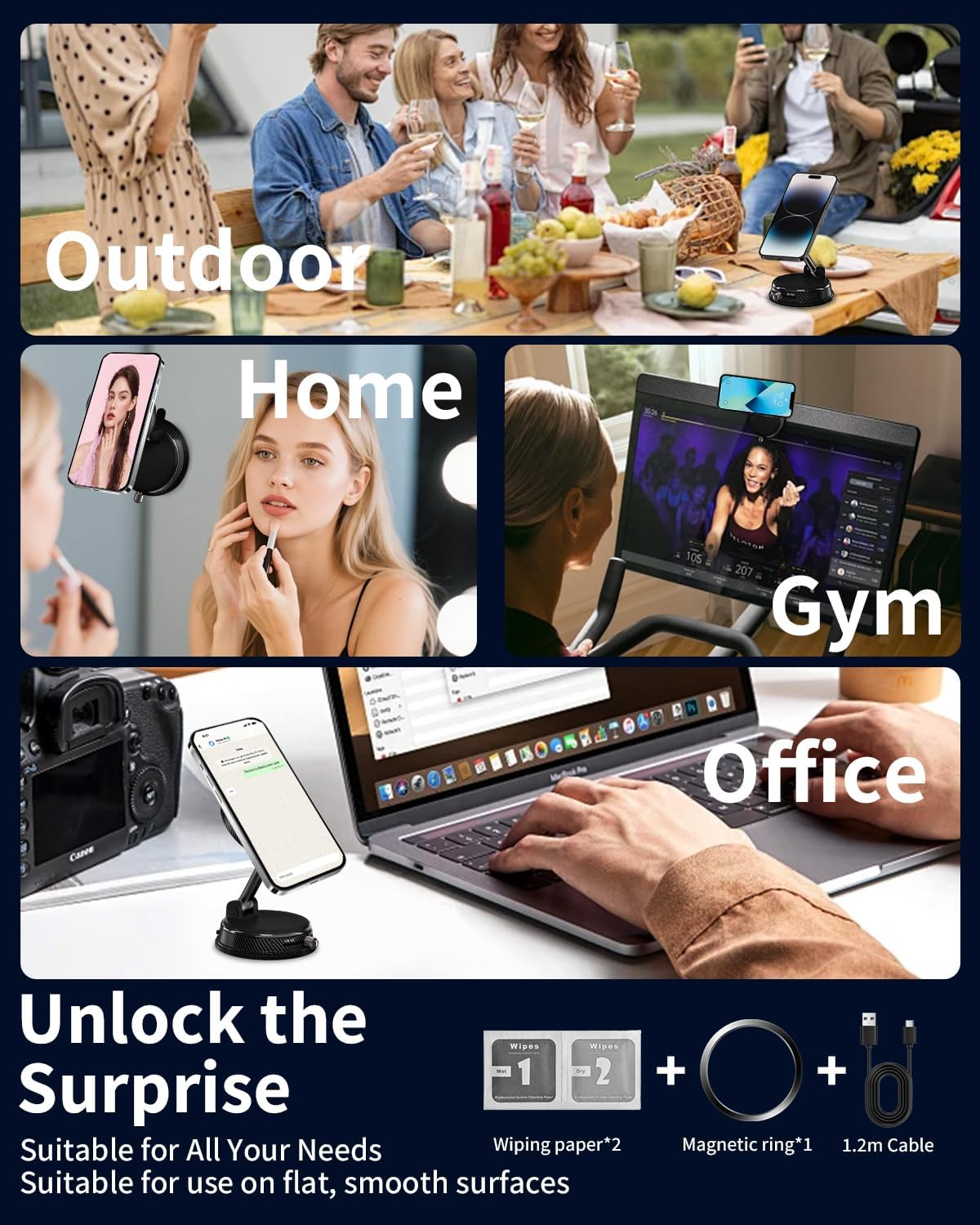 Collage zeigt Handyhalterungen für drinnen und draußen, zu Hause, im Fitnessstudio und im Büro.