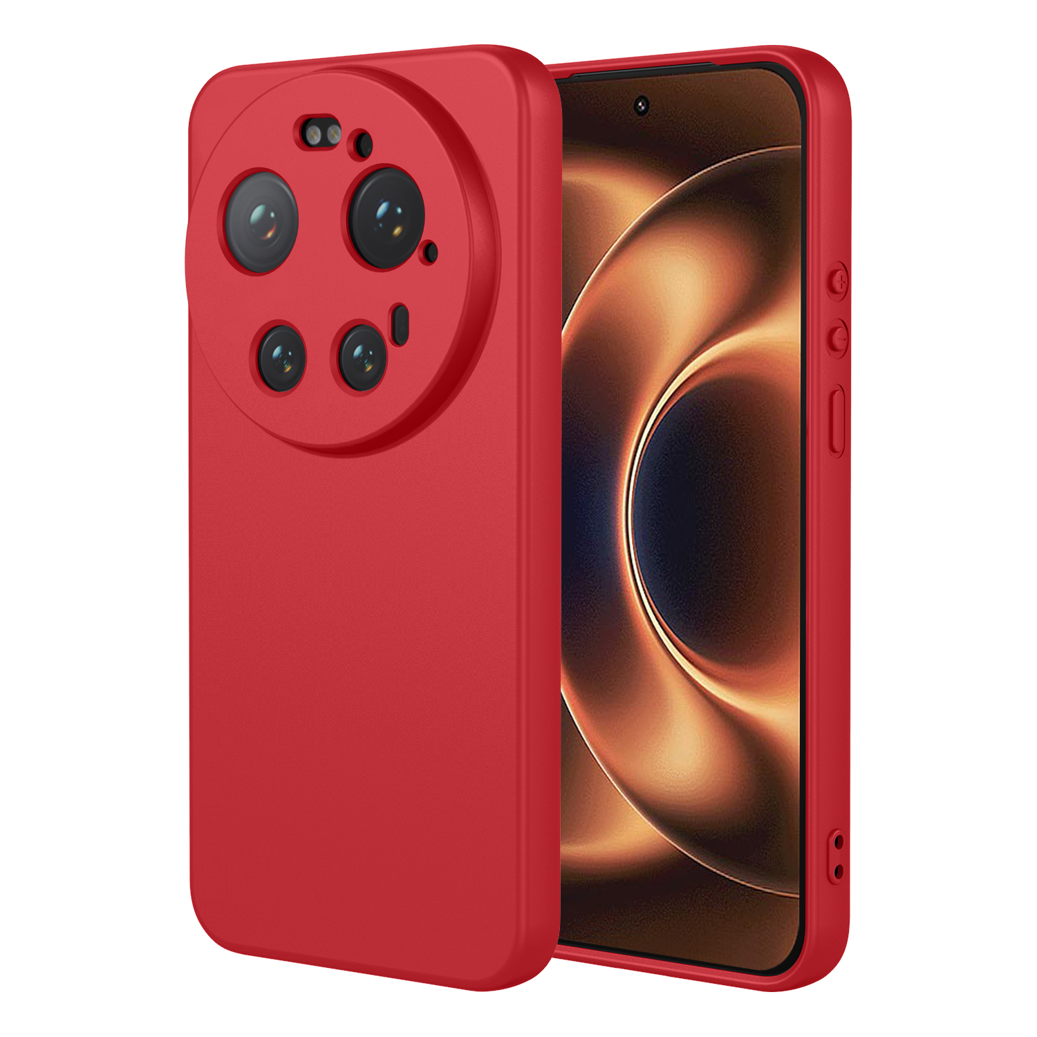 Rode telefoonhoes met vier camera's en een smartphone met oranje achtergrond.