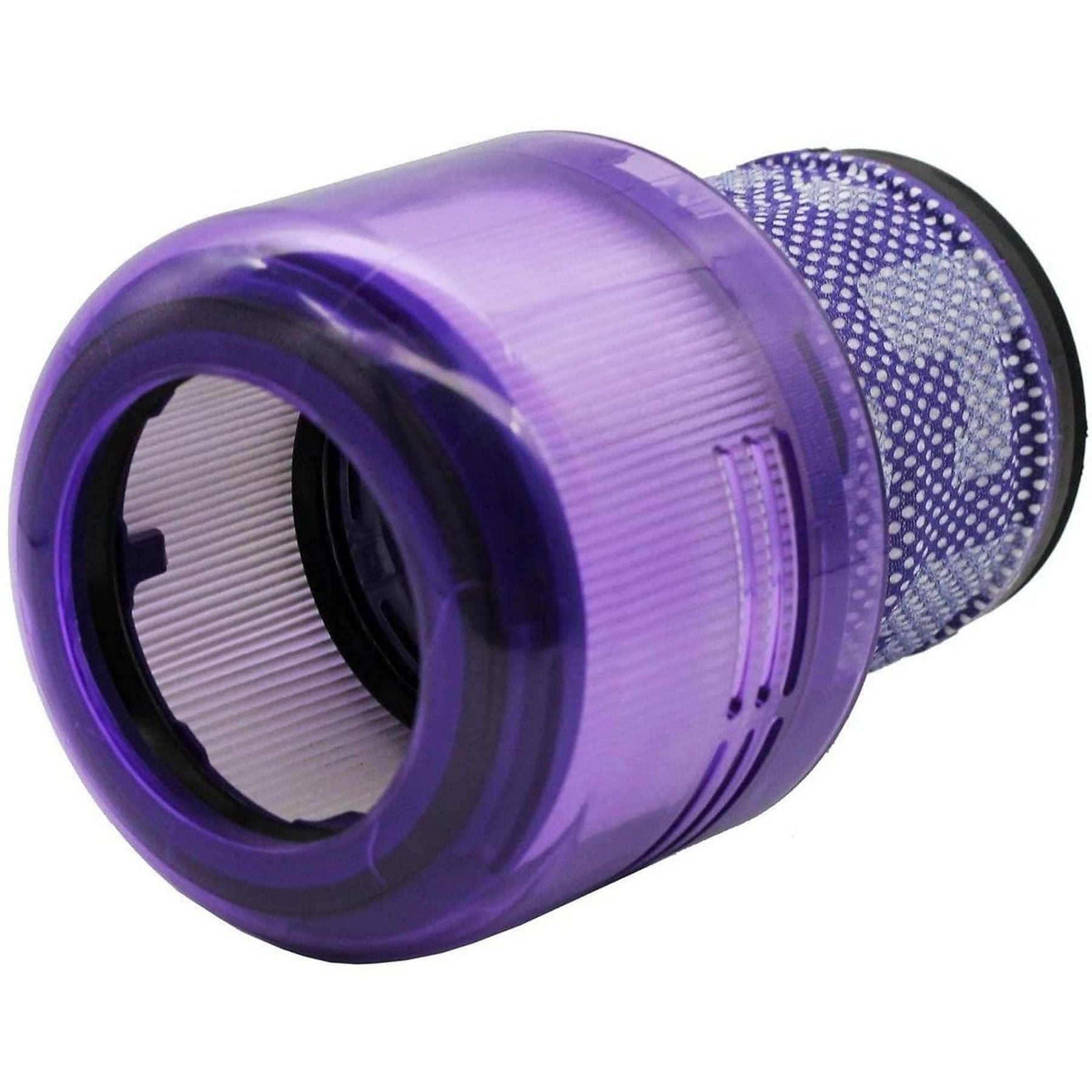 Ein violetter Staubsaugerfilter mit sichtbaren Lamellen und einem gemusterten Netzteil.