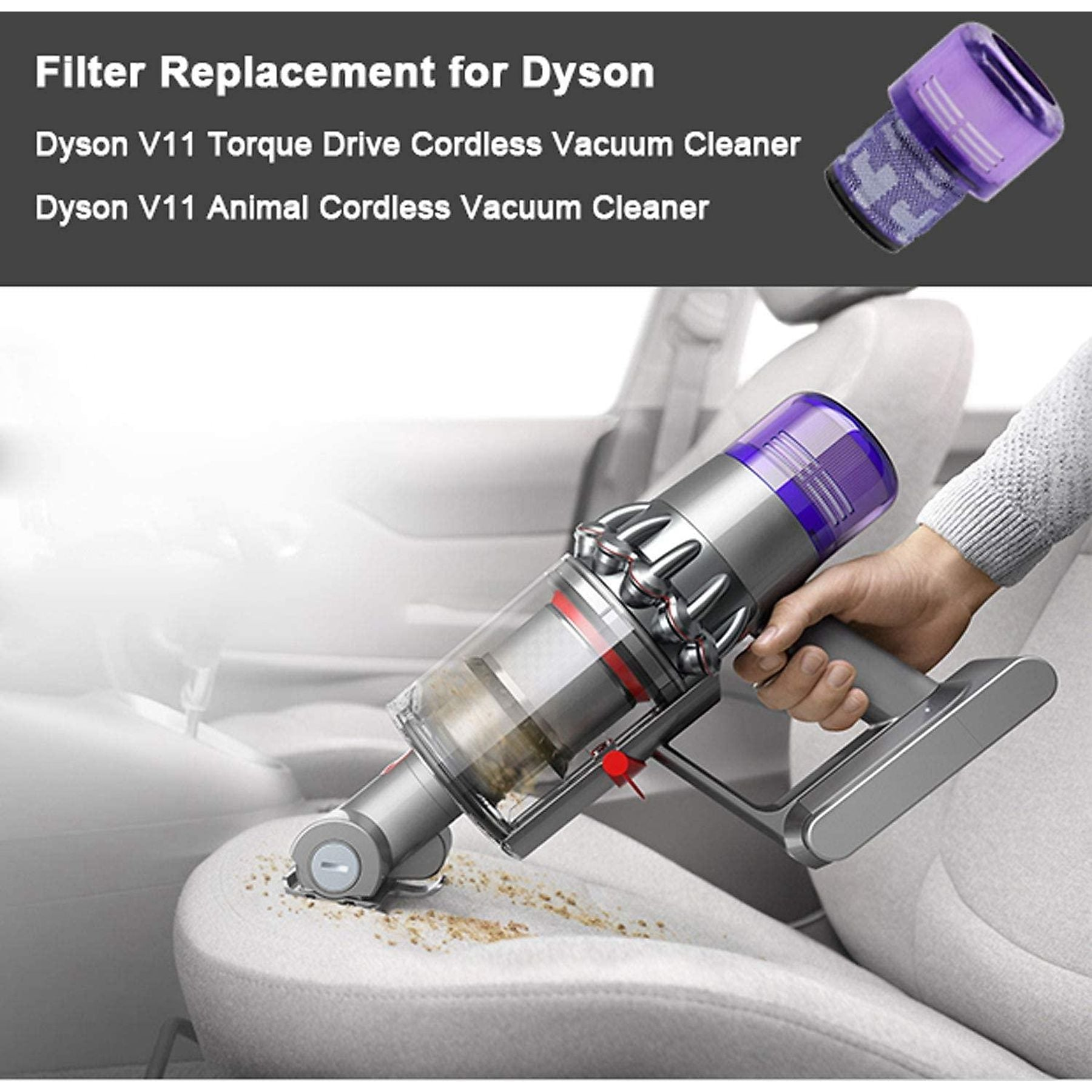 Ein Dyson V11 Staubsauger reinigt einen schmutzigen Autositz. Ein Filter ist zu sehen.