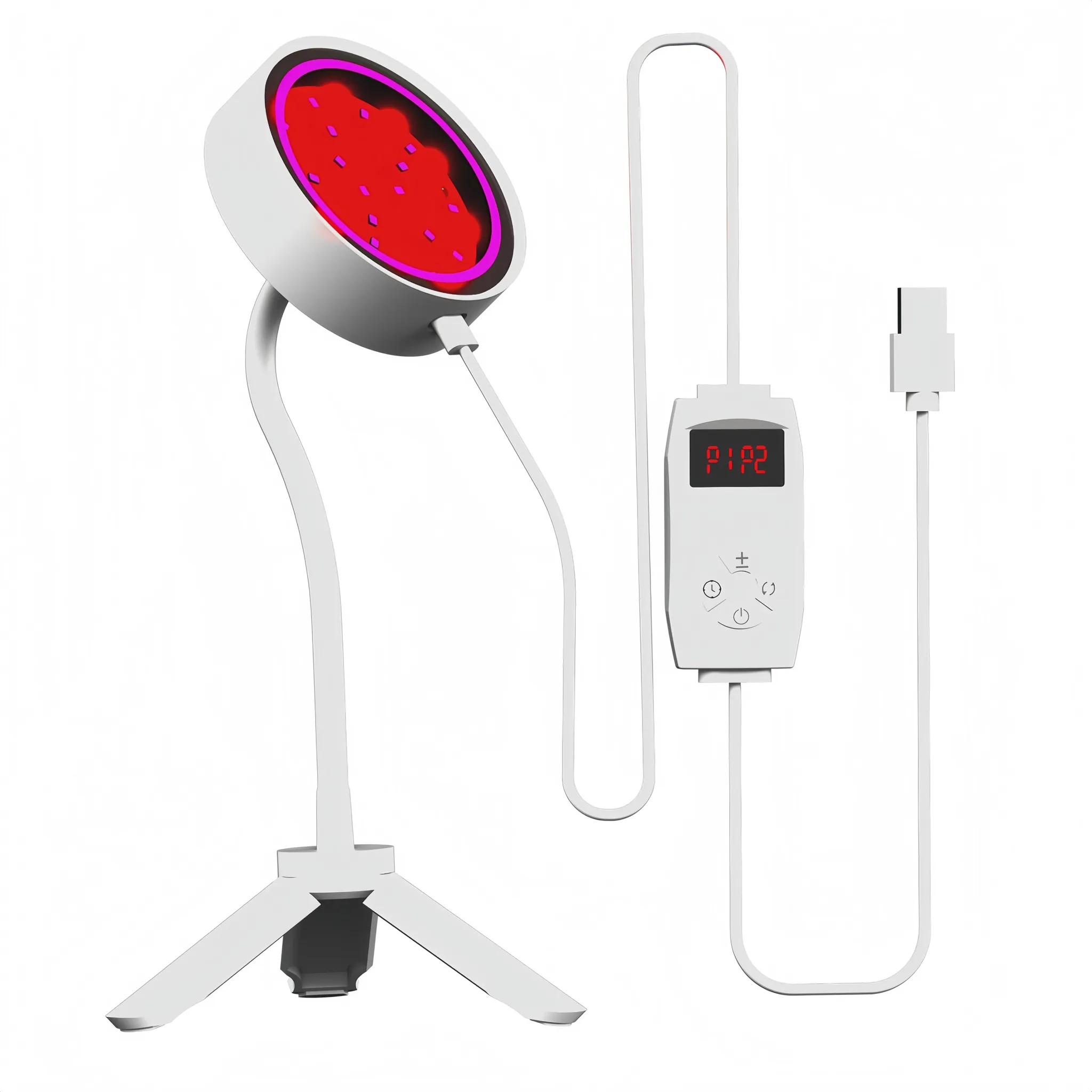 Ein weißes LED-Lichtgerät mit einem Stativ, einem Kabel und einer Steuereinheit.