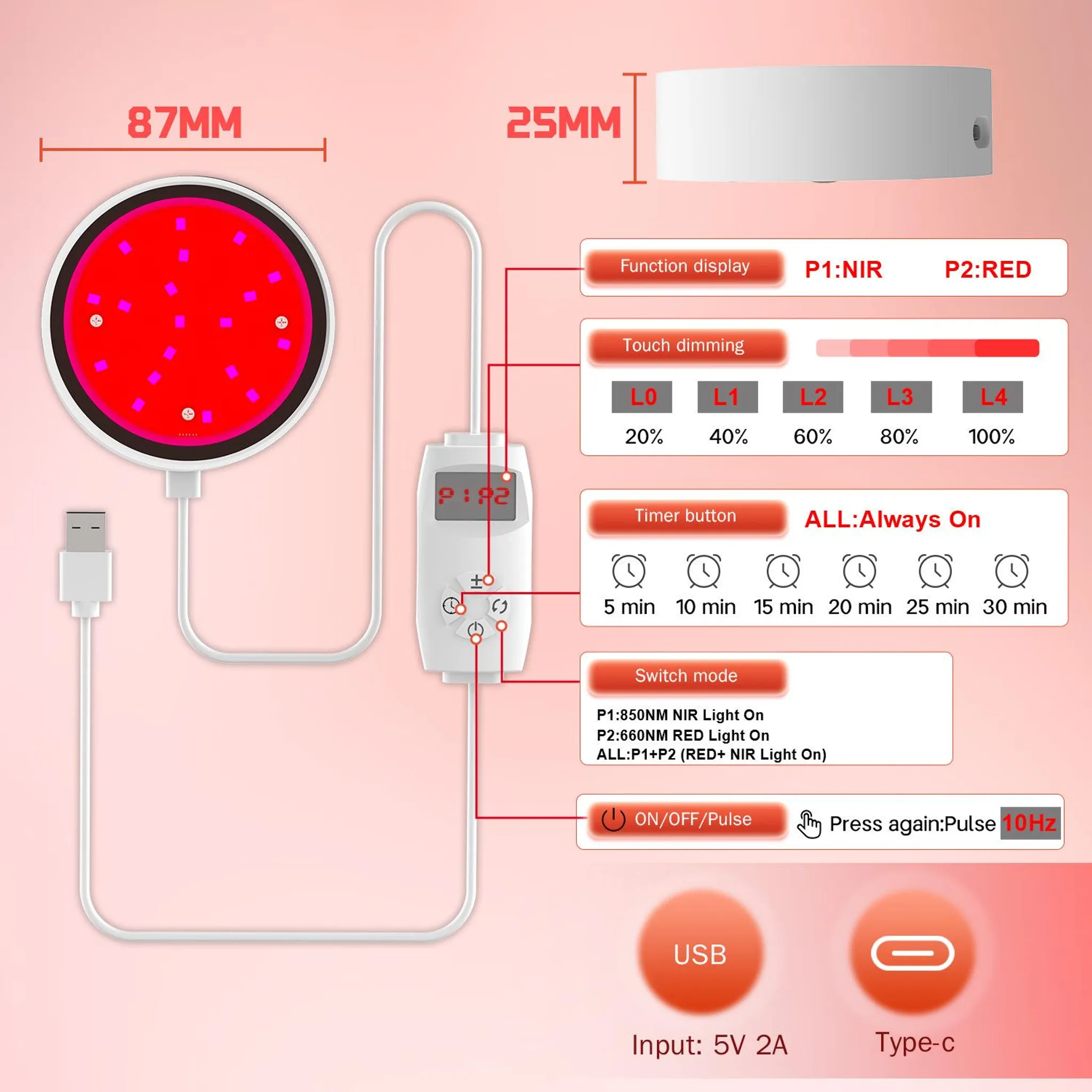 Ein rotes LED-Gerät mit Touch-Bedienfeld und Timer-Optionen.