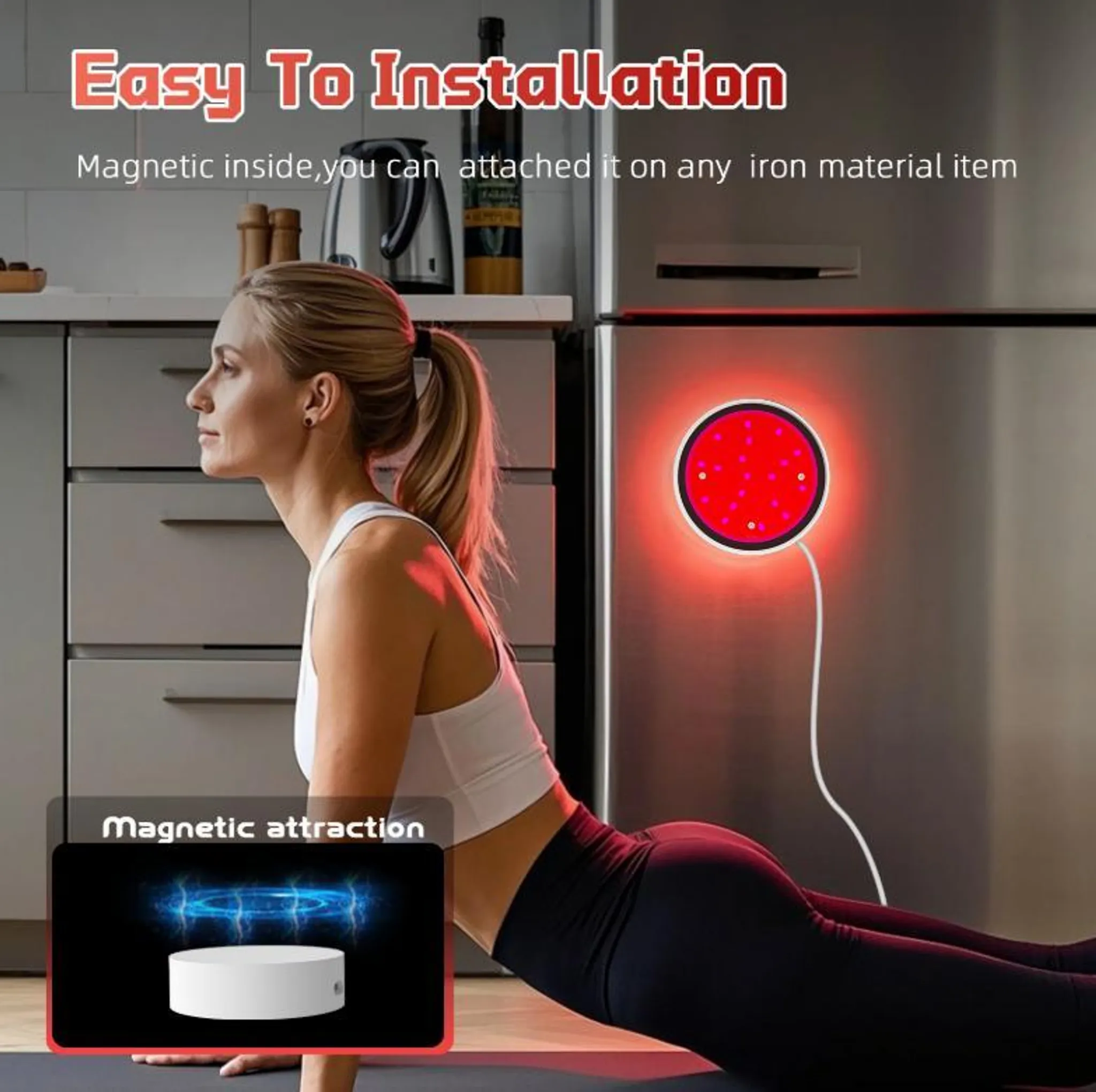 Frau in Yoga-Pose mit rot leuchtendem Gerät an Kühlschrank.