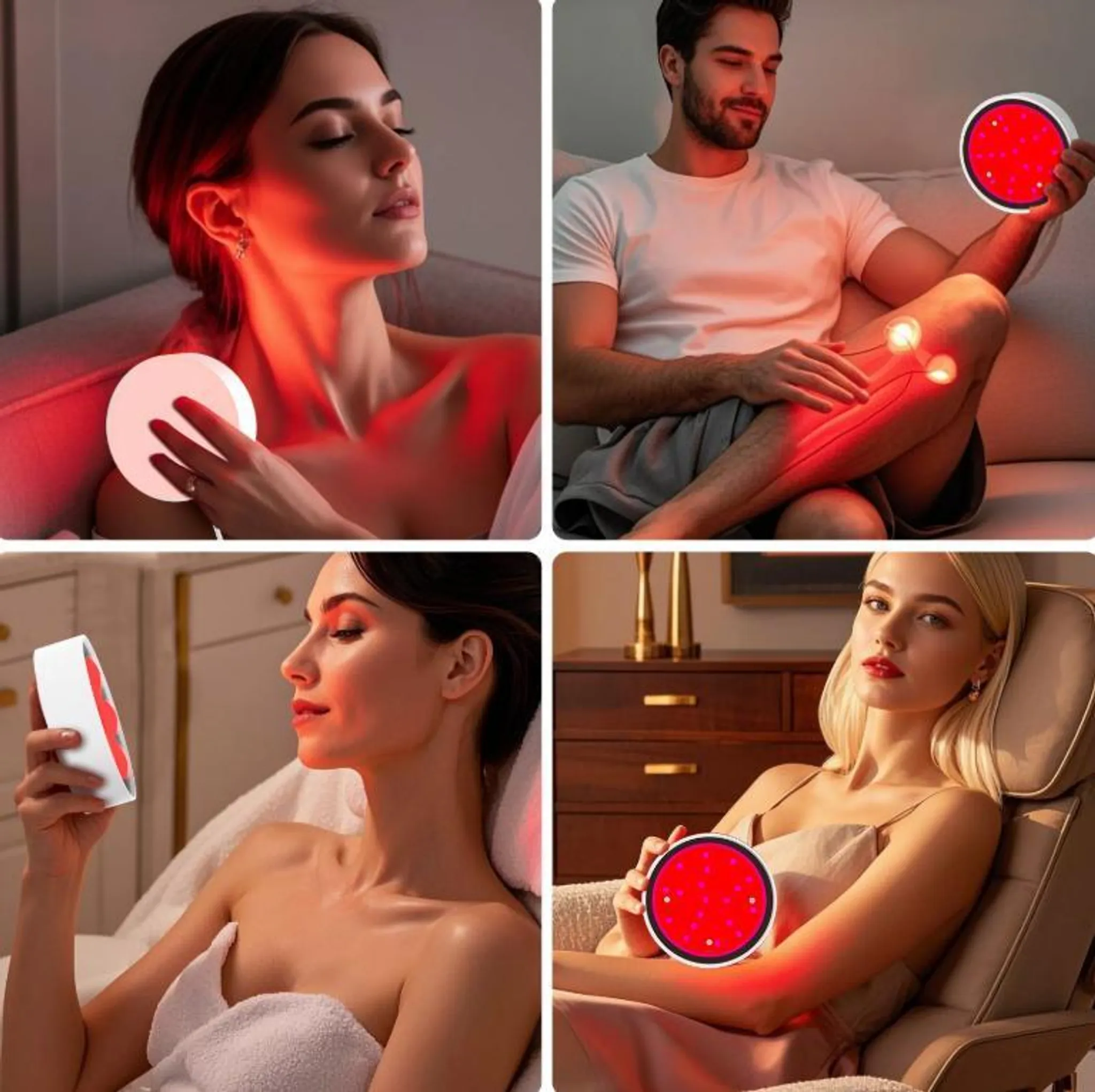 Vier Personen, drei Frauen und ein Mann, nutzen Rotlichttherapiegeräte.