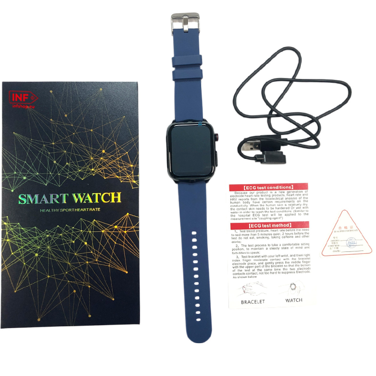 Ein blaues Smartwatch-Kit mit einer Broschüre, einer Uhr und einem Ladekabel.