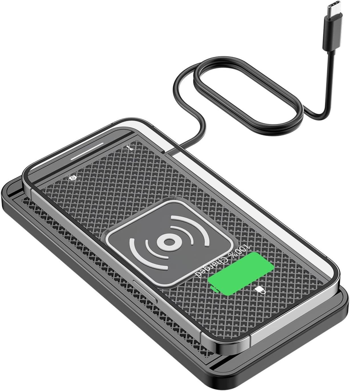 Ein Smartphone wird kabellos auf einer schwarzen Ladestation geladen.