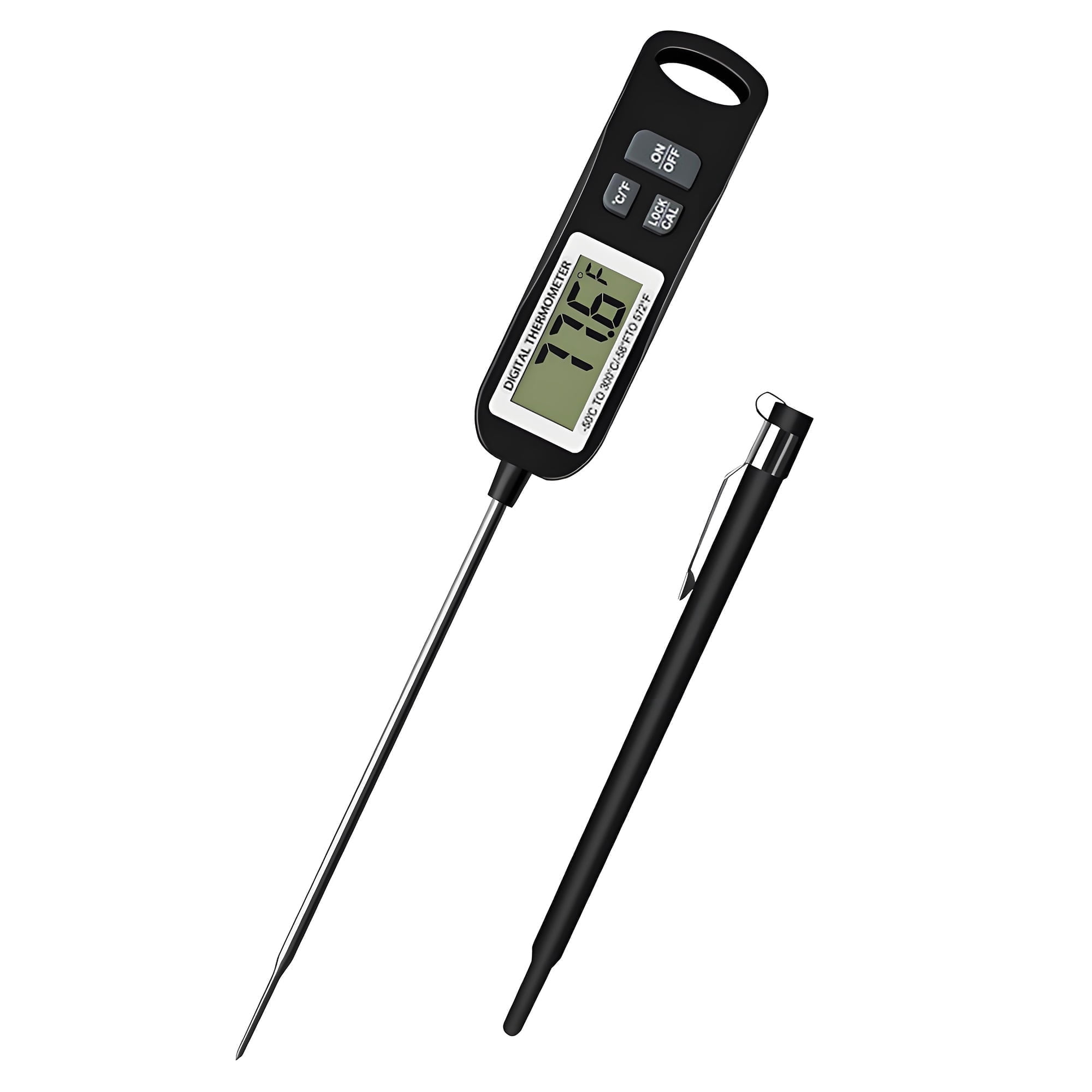 Ein schwarzes digitales Thermometer mit LCD-Anzeige und einem silbernen Metallfühler.