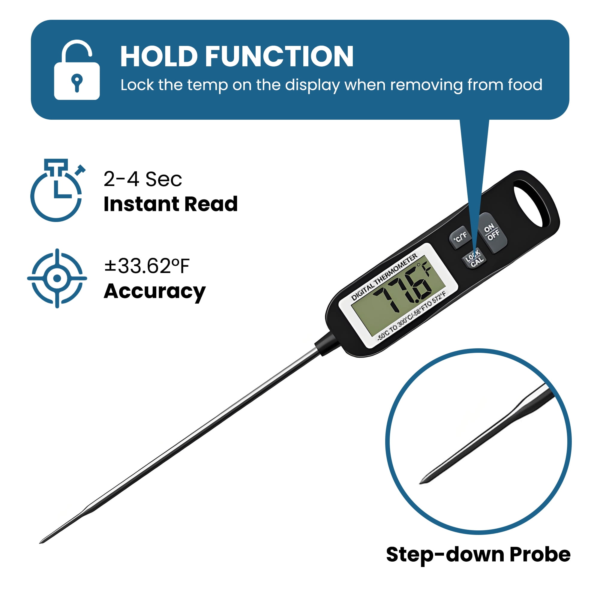 Digitales Thermometer mit LCD-Anzeige, das 77,6°F anzeigt. Es hat eine Haltefunktion.