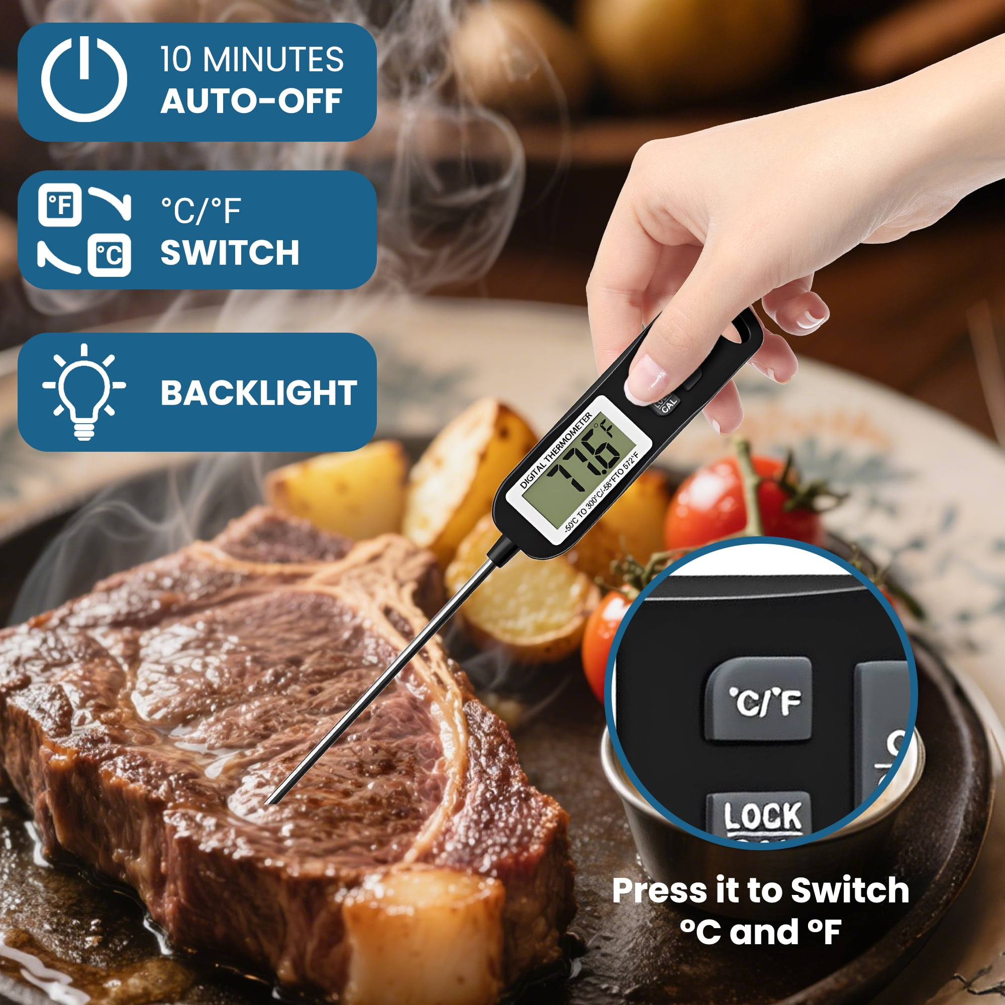 Digitalthermometer misst Steak-Temperatur. Mit Auto-Off, Hintergrundbeleuchtung, C/F-Umschaltung.