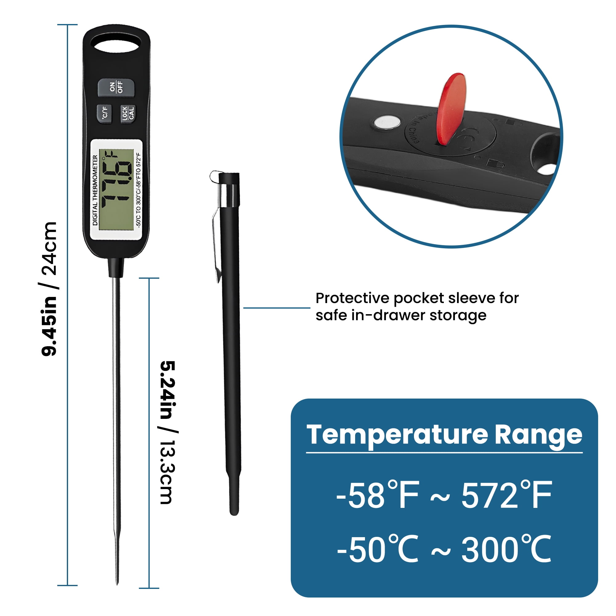 Digitales Thermometer mit LCD, Schutzhülle und Temperaturbereichsanzeige.
