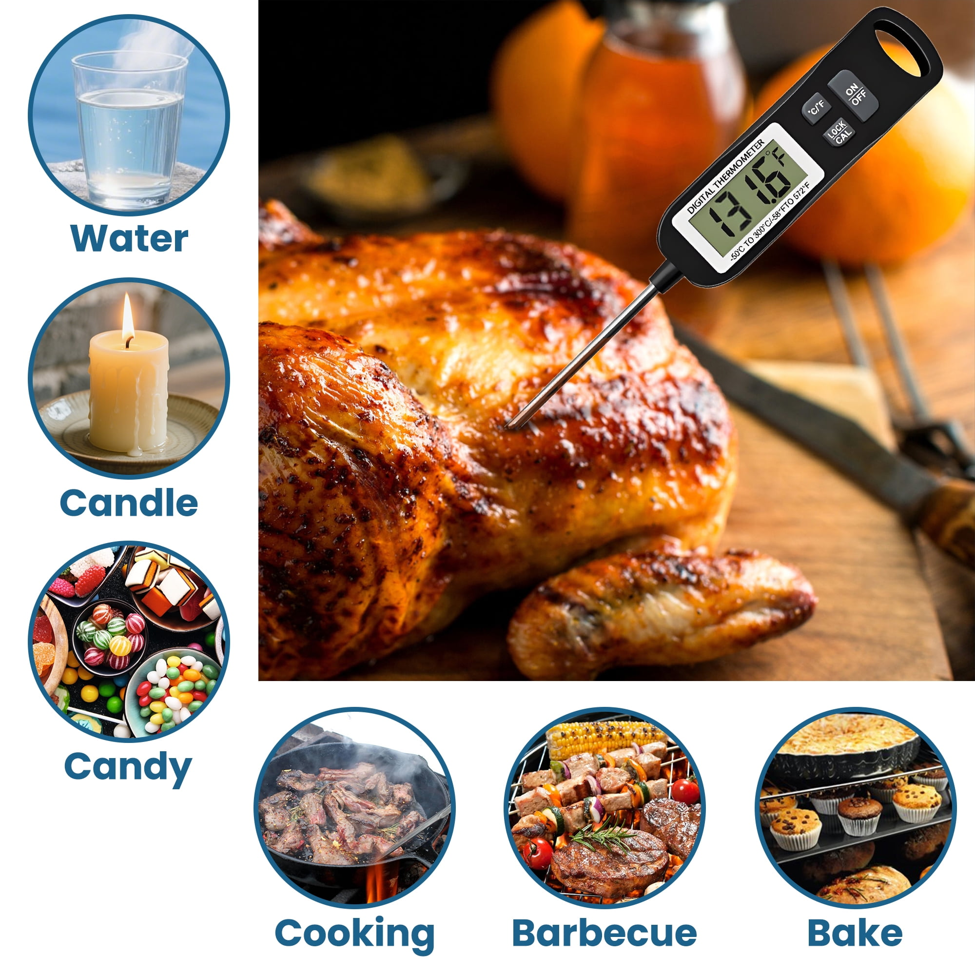 Digitales Thermometer prüft Braten neben Wasser, Kerze, Süßigkeiten, Kochen, Grillen, Backen.