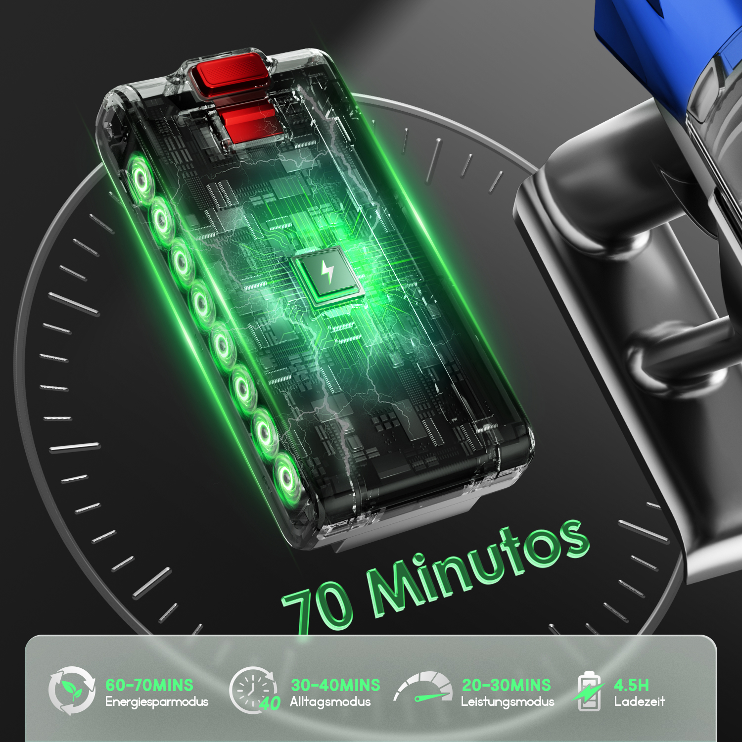 Transparente Batterie mit grünen Leuchtelementen und Ladeanzeige.