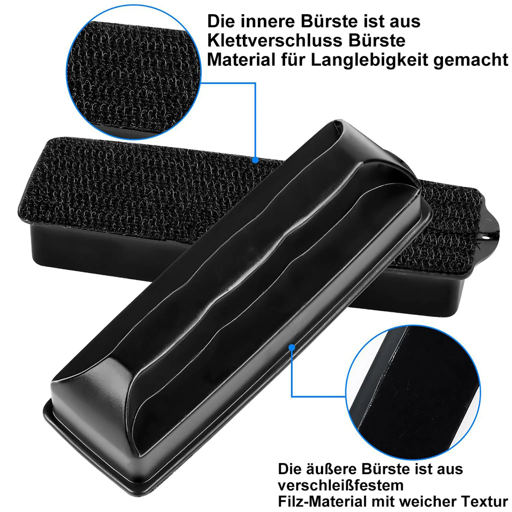 Schwarze Bürsten mit unterschiedlichen Texturen, eine mit Klettverschluss, die andere aus Filz.