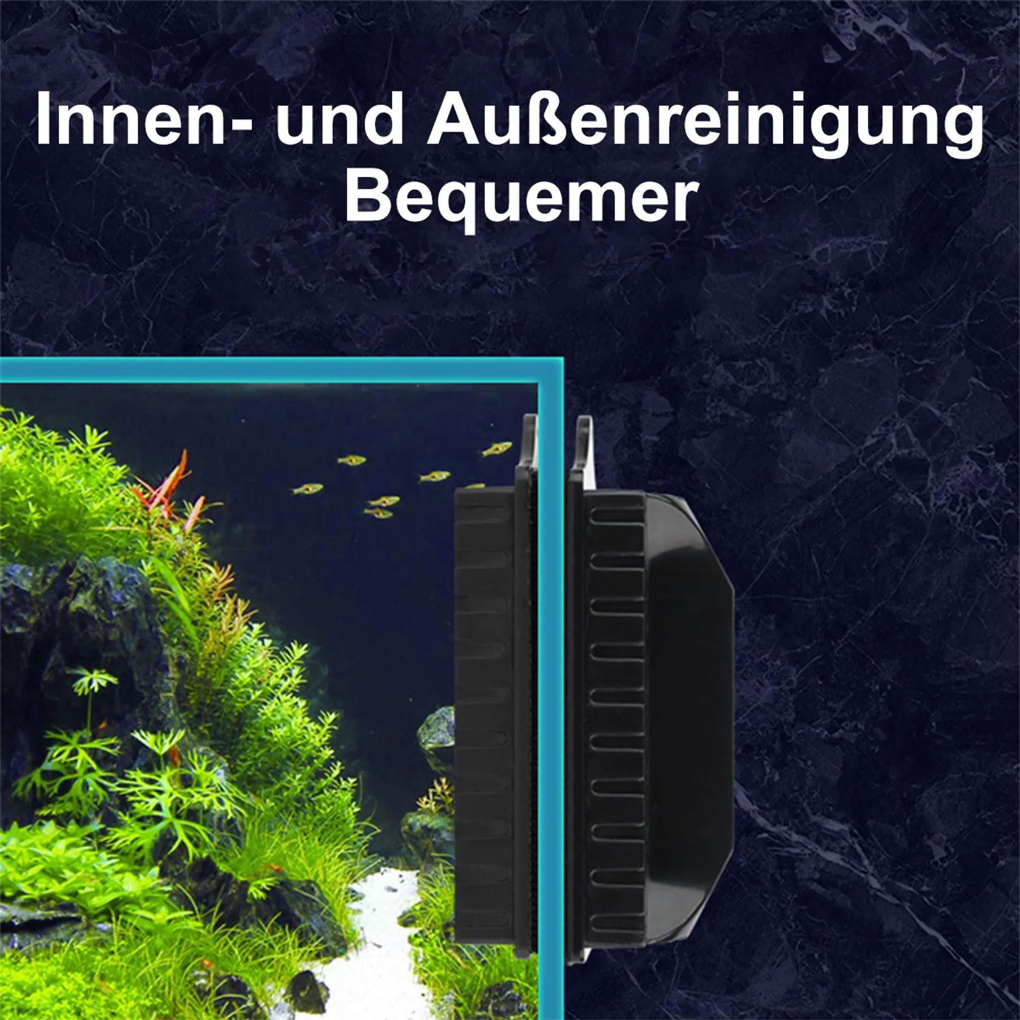 Ein magnetischer Aquariumreiniger an einer Seite mit Pflanzen und Fischen.