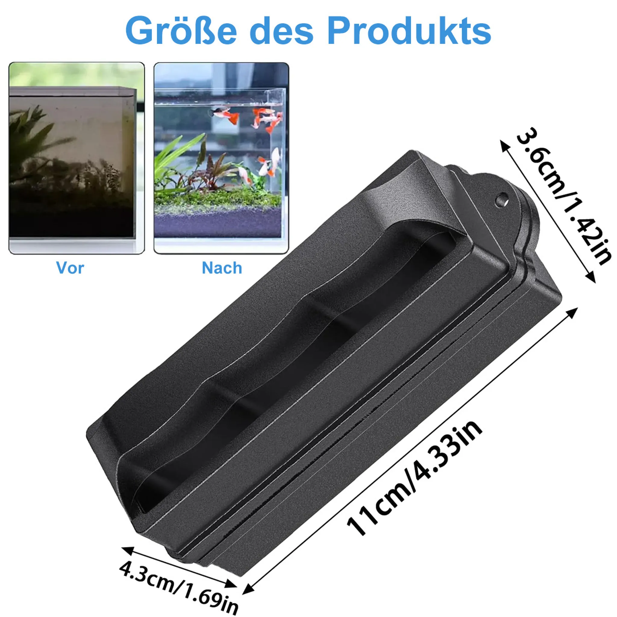 Ein schwarzer Aquarium-Filterhalter mit Maßen: 11x4,3x3,6cm. Links: Vorher-Bild eines schmutzigen Aquariums.