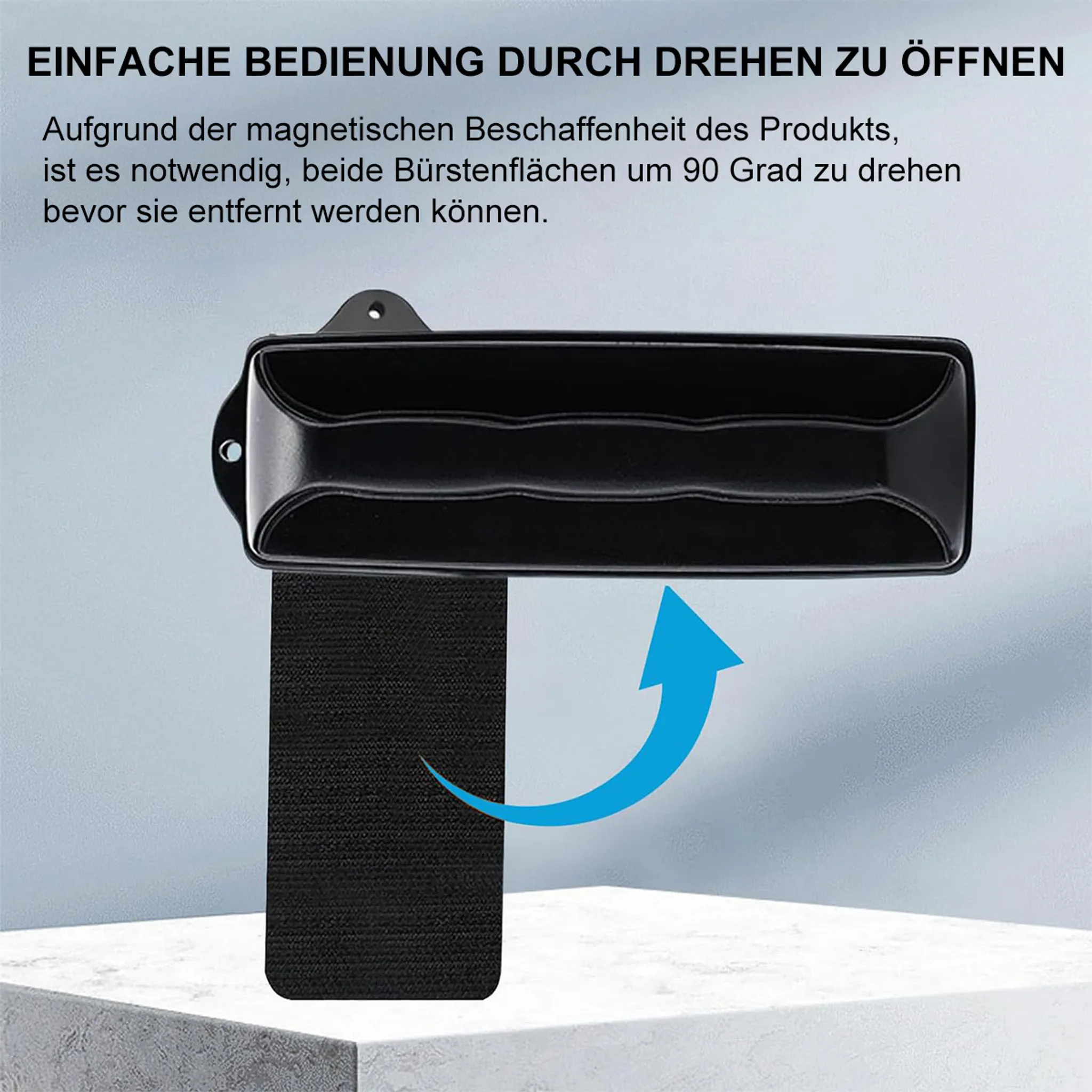 Schwarzes Produkt mit blauem Pfeil, der Drehung anzeigt.