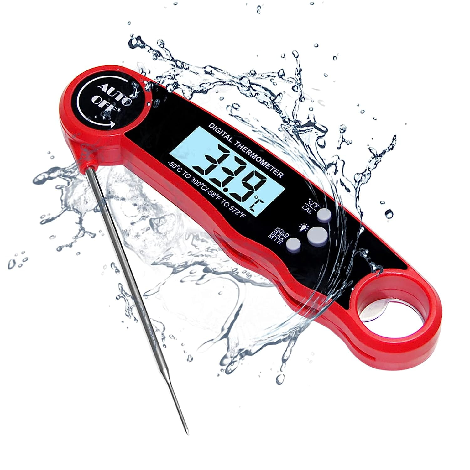 Ein rotes digitales Thermometer mit Metallsonde, das von Wasser bespritzt wird.