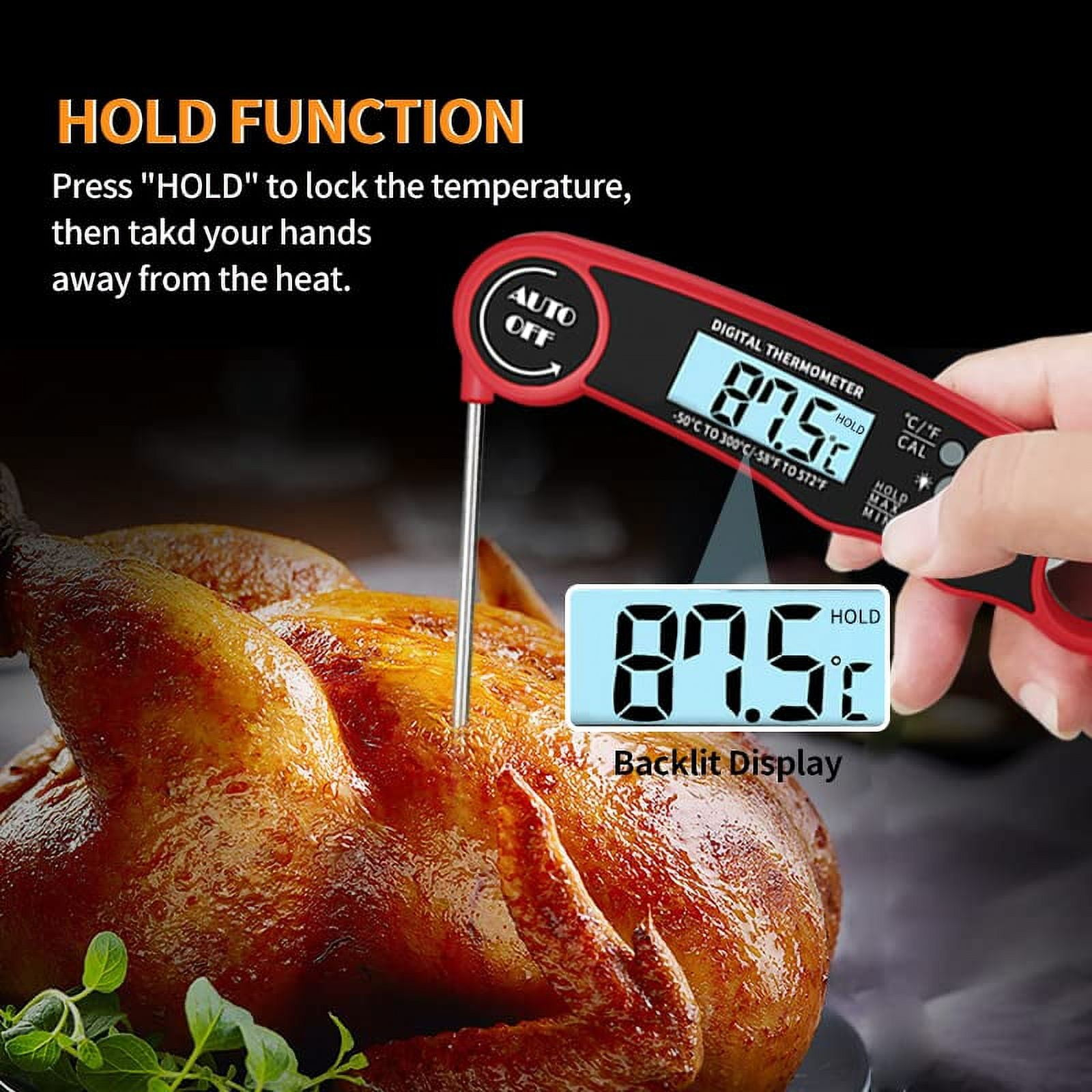 Ein rotes Digitalthermometer misst die Temperatur eines Brathähnchens.
