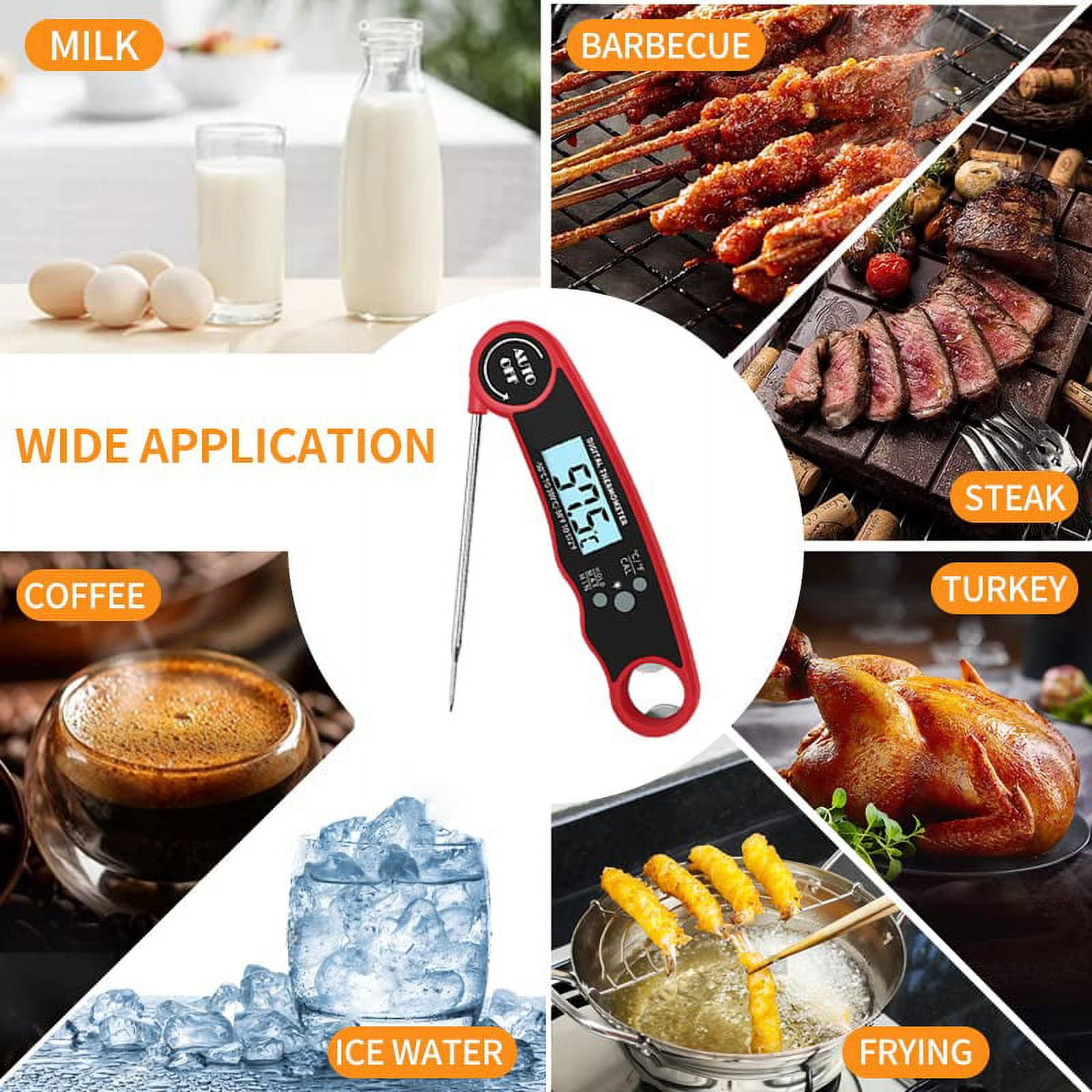Digitales Thermometer für verschiedene Anwendungen wie Milch, Barbecue, Steak, Truthahn, Kaffee, Eiswasser und Frittieren.