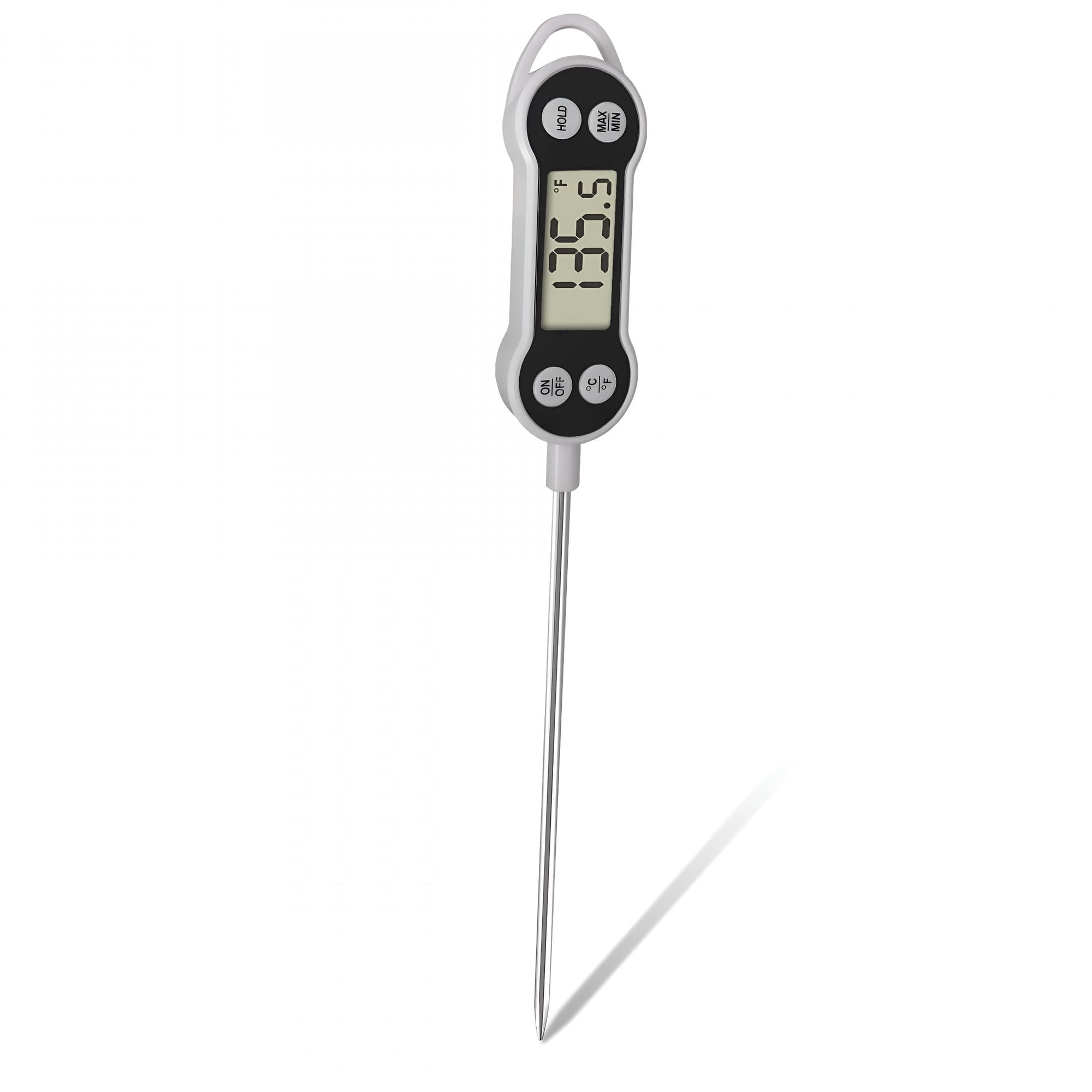Ein digitales Thermometer mit langer Metallsonde und einem weißen Gehäuse.