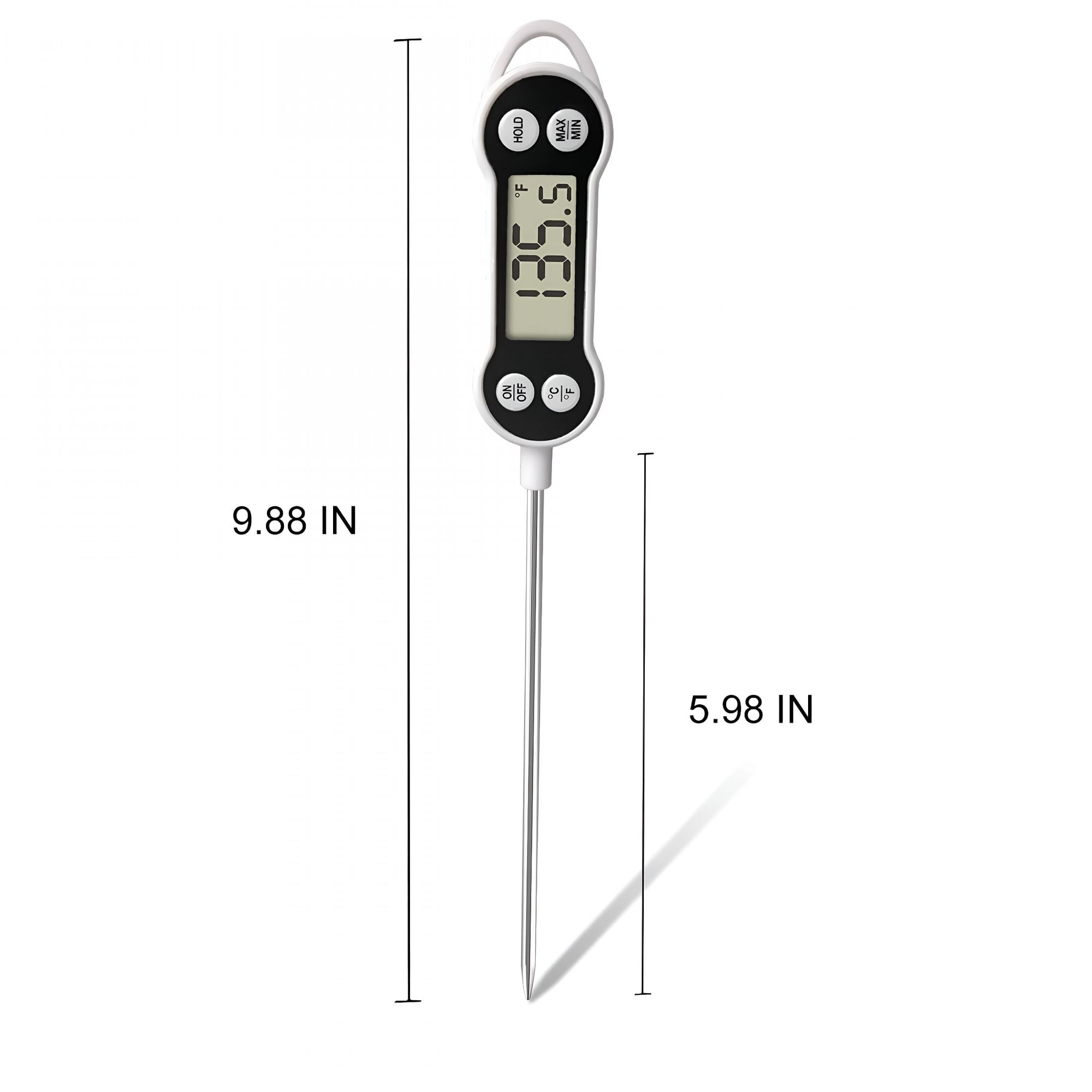 Digitales Thermometer mit LCD-Anzeige, zeigt 135,5°F an. Metallsonde, weiße Schlaufe.