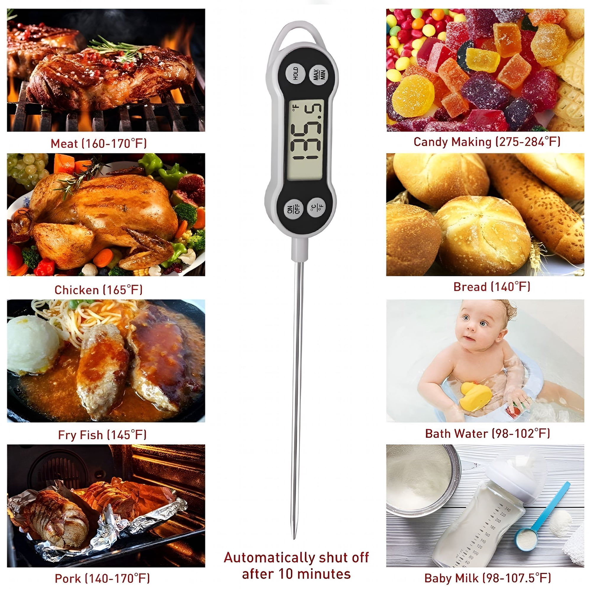 Fleisch, Huhn, Fisch, Schweinefleisch, Süßigkeiten, Brot, Badewasser, Milch.