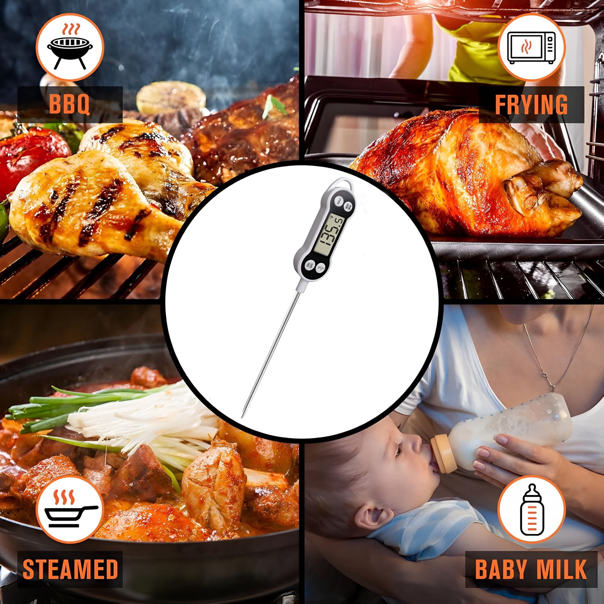 Collage aus Grillen, Braten, Dämpfen und Flaschenfütterung mit einem Thermometer in der Mitte.