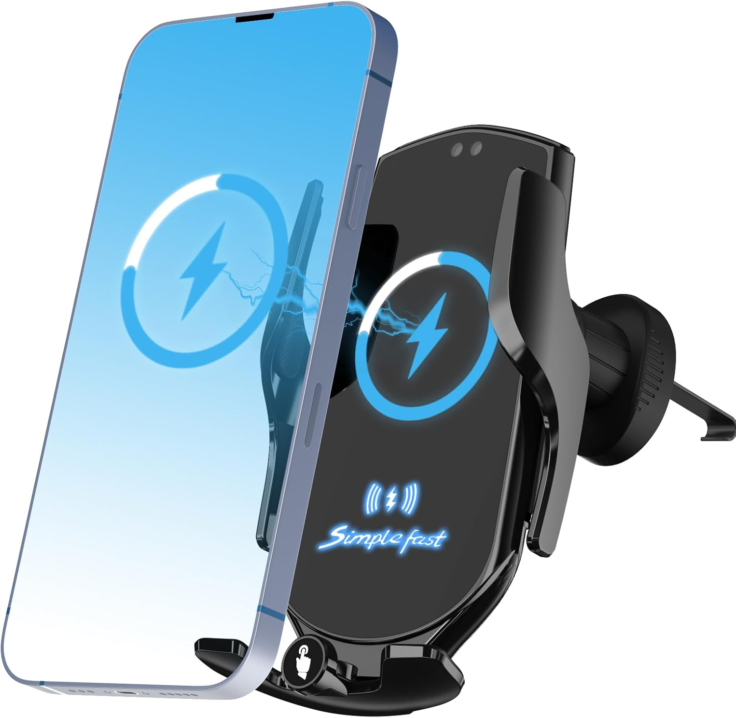 Ein Smartphone wird in einer schwarzen kabellosen Autoladestation gehalten, die mit einem Blitzsymbol angezeigt wird.