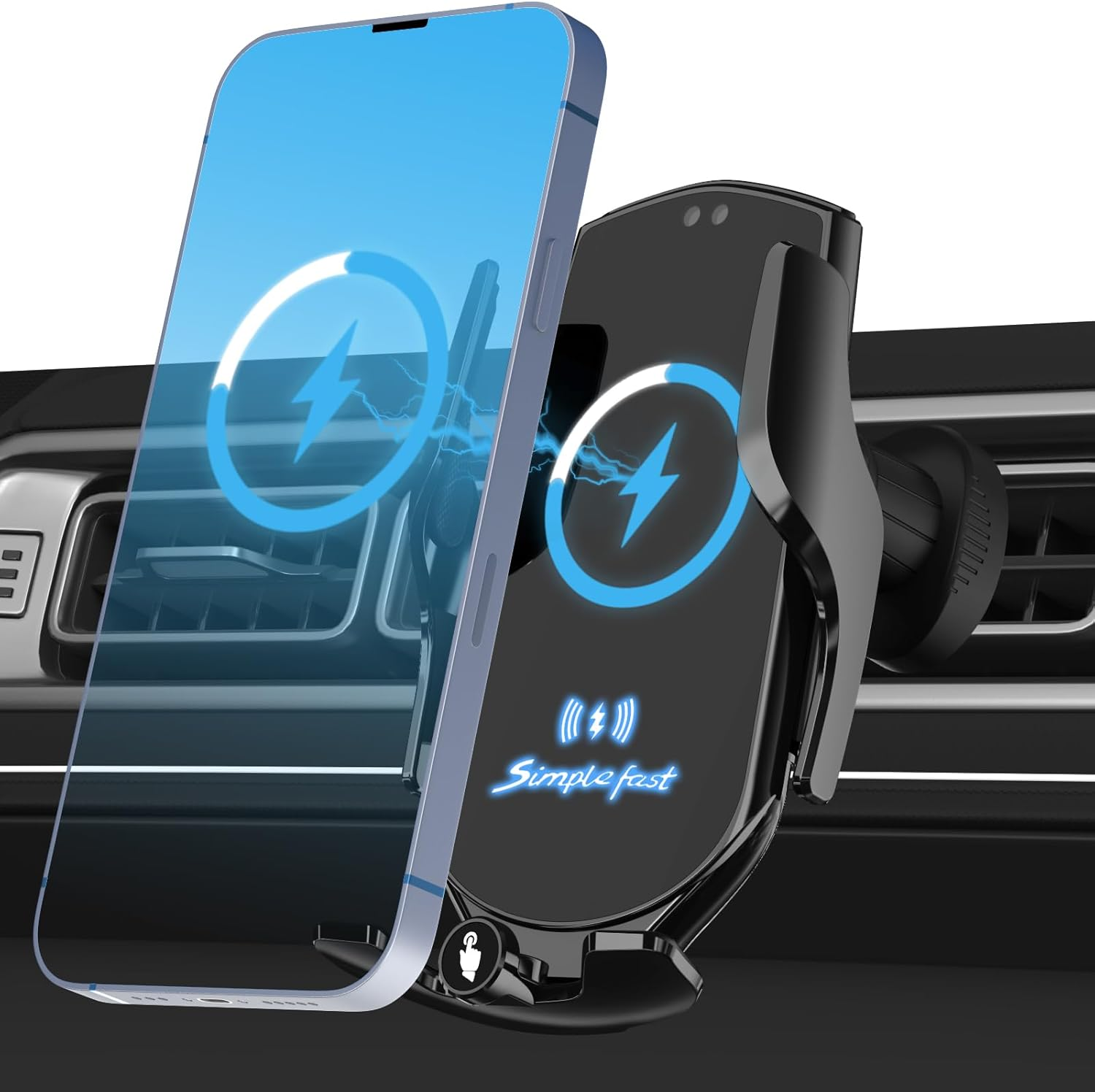 Ein Handy wird in einer schwarzen Autohalterung mit Ladesymbol geladen.