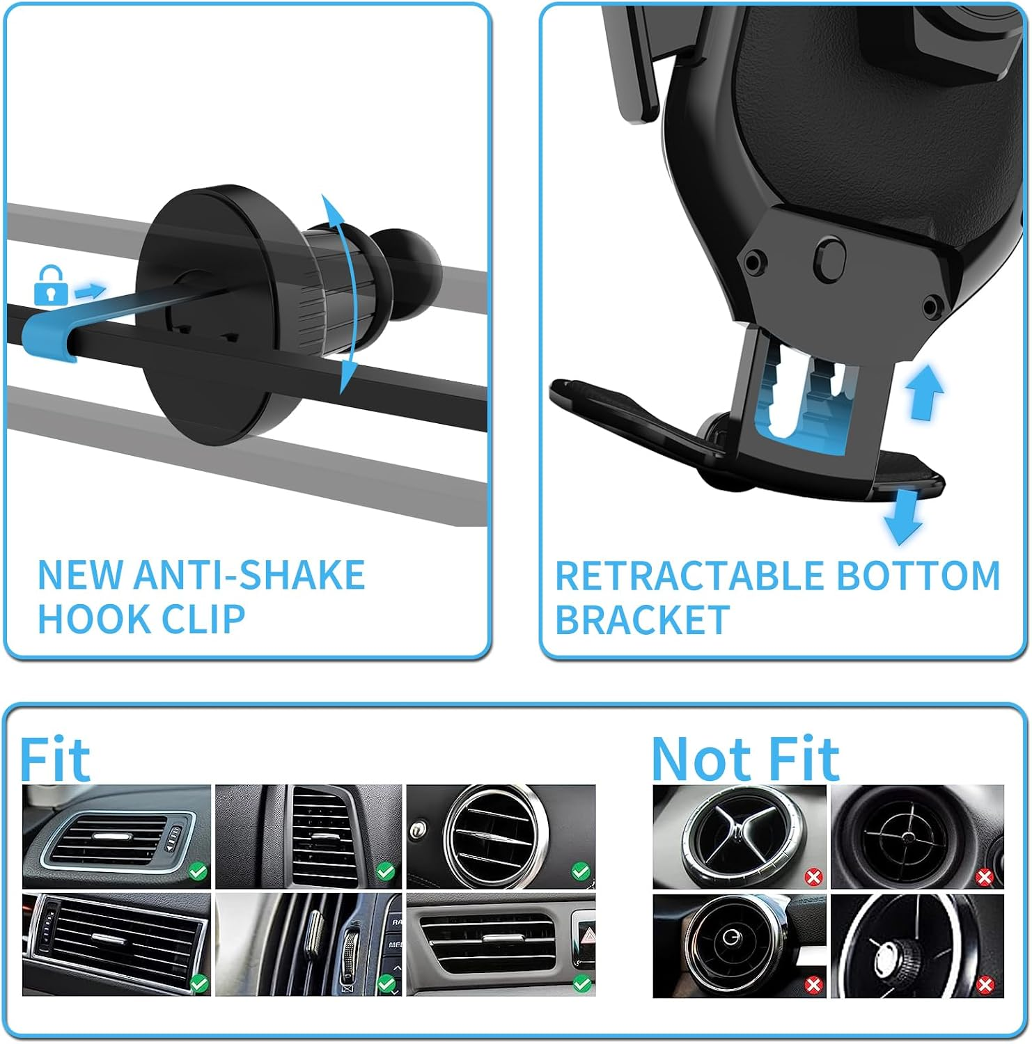 Ein Auto-Handyhalter mit Hakenclip und ausziehbarem Bodenhalter, passend und nicht passend.