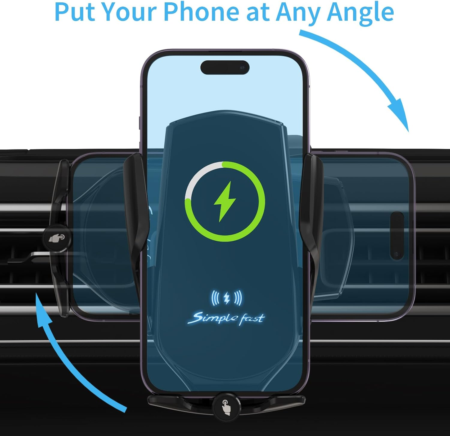 Ein Smartphone wird in einer Autoluftdüse mit einem Ladeanzeiger gehalten.
