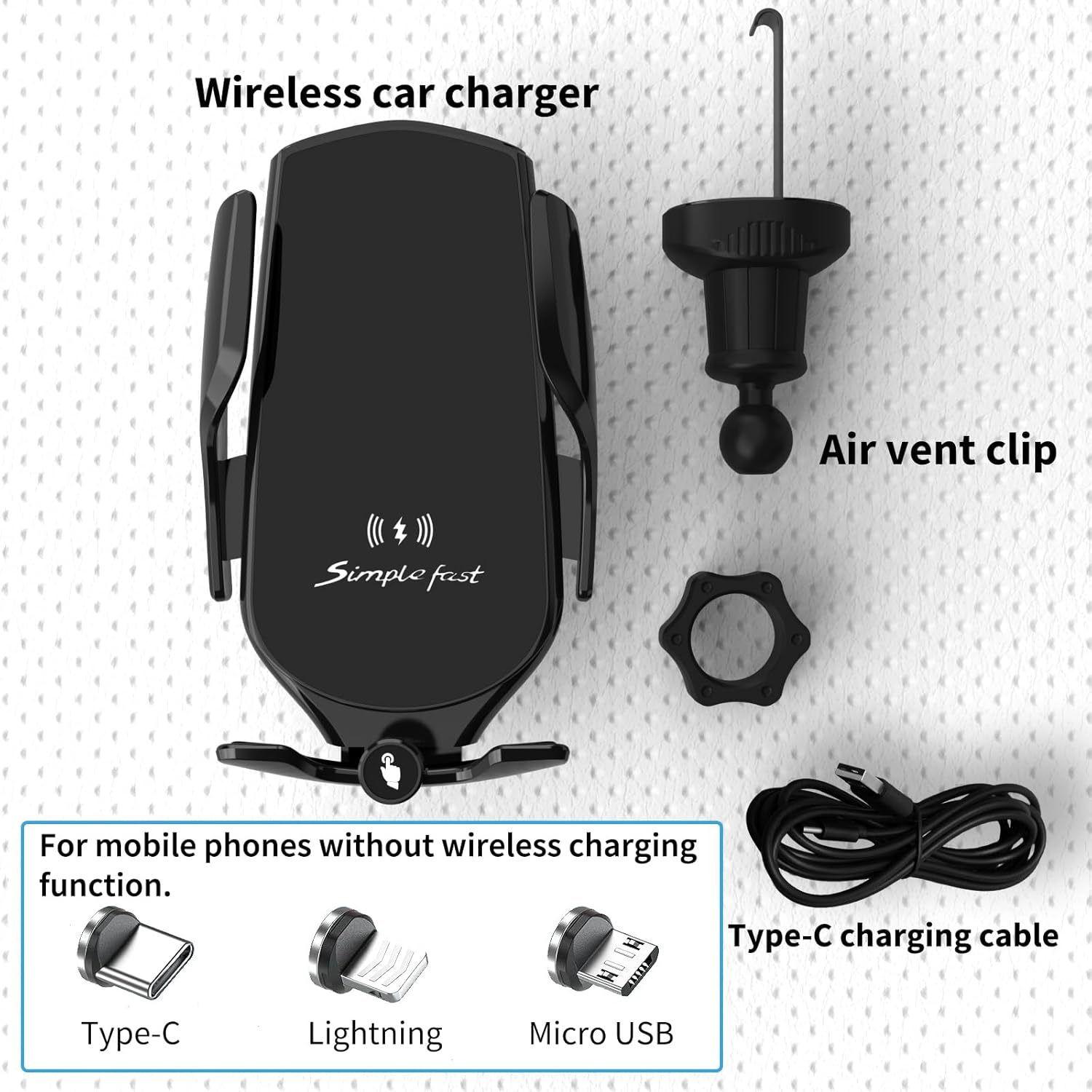 Kabelloses Autoladegerät mit Lüftungsklemme und Ladekabel. Enthält Typ-C, Lightning, Micro-USB-Adapter.