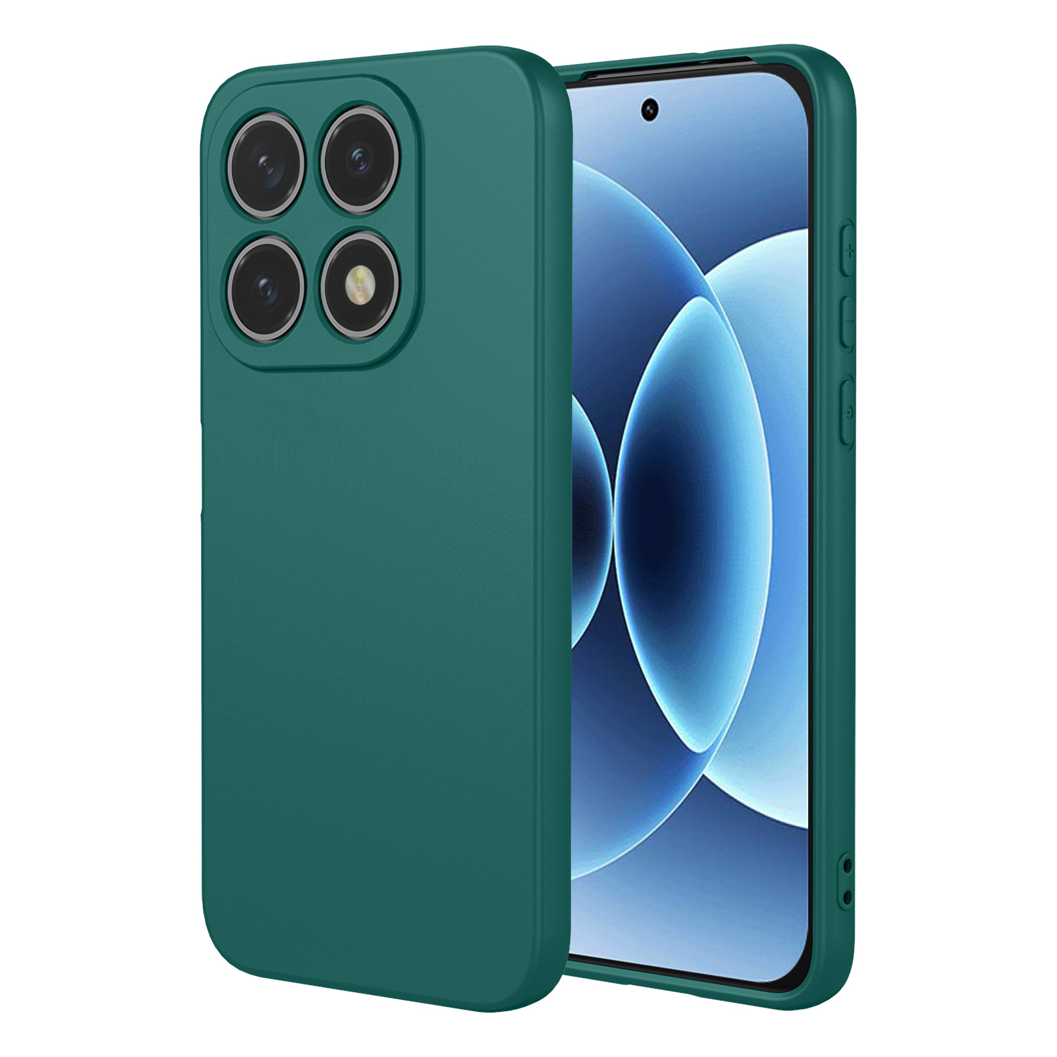 Een groene telefoonhoes met vier cameralenzen en een smartphone.