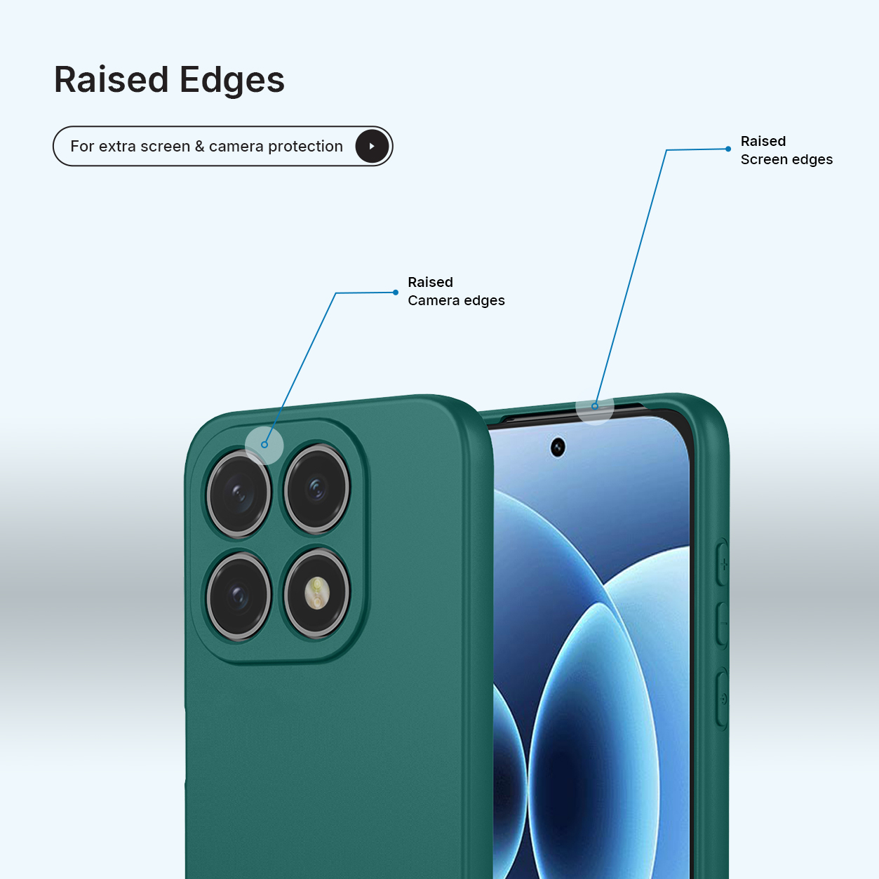 Een groene telefoonhoes met verhoogde randen voor camera- en schermbescherming.