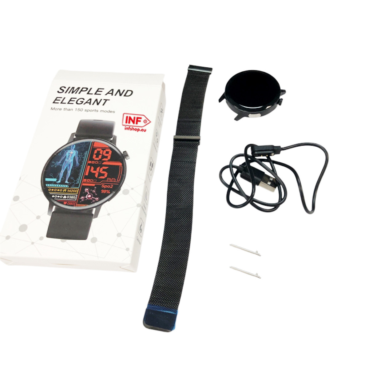 Ein Smartwatch-Paket mit einem Band, Ladegerät und Gehäuse.