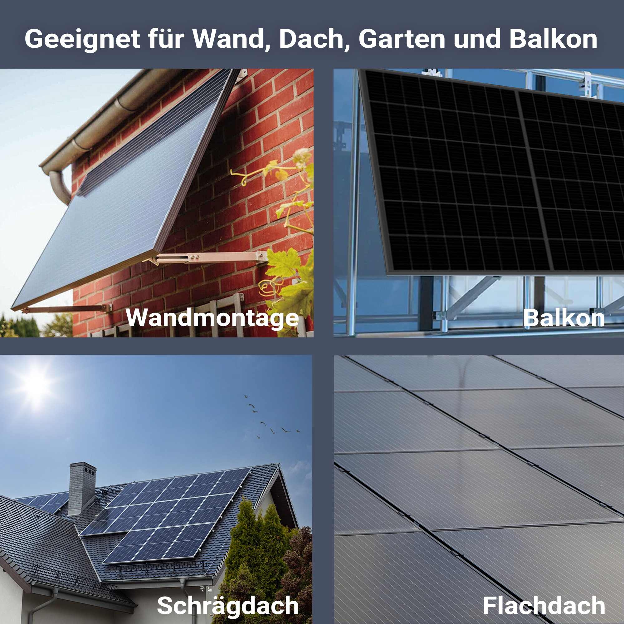Vier Bilder von Solaranlagen: Wandmontage, Balkon, Schrägdach, Flachdach.