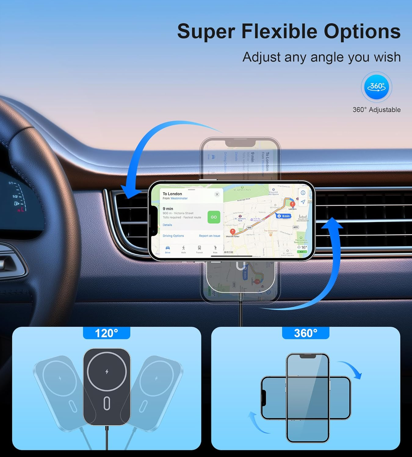 Ein Handyhalterung im Auto mit Navigations-App, 120° und 360° Verstellbarkeit.