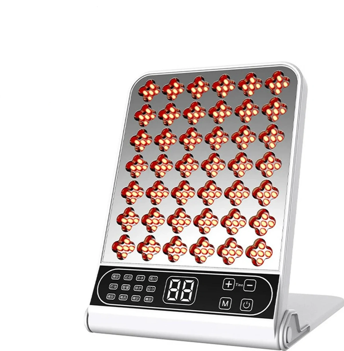 Ein weißes Gerät mit vielen roten Lichtern und einem digitalen Display.