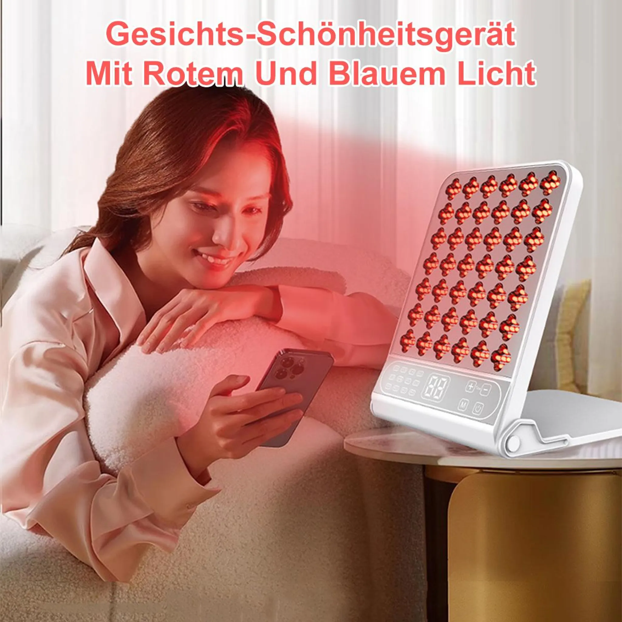 Frau mit Rotlicht-Schönheitsgerät und Handy.