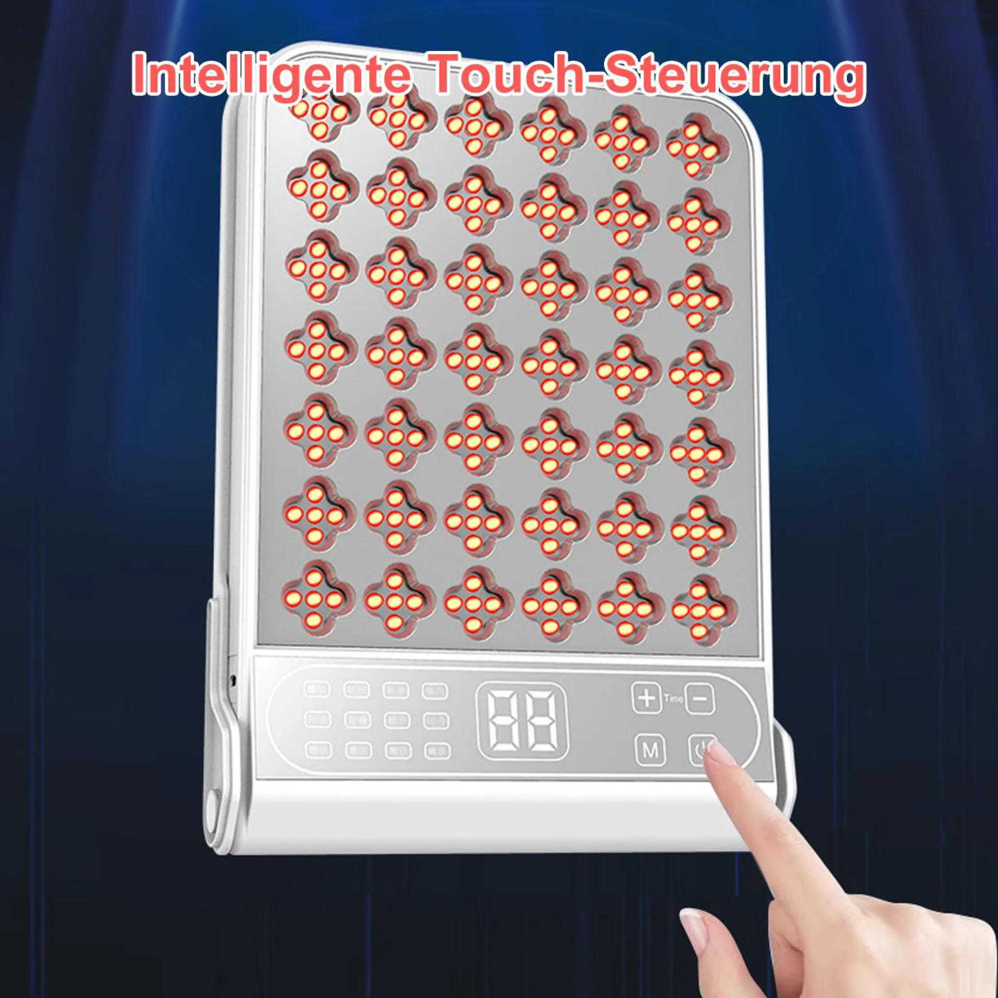 Ein weißes Gerät mit vielen roten Lichtern, eine Hand berührt den Bildschirm.