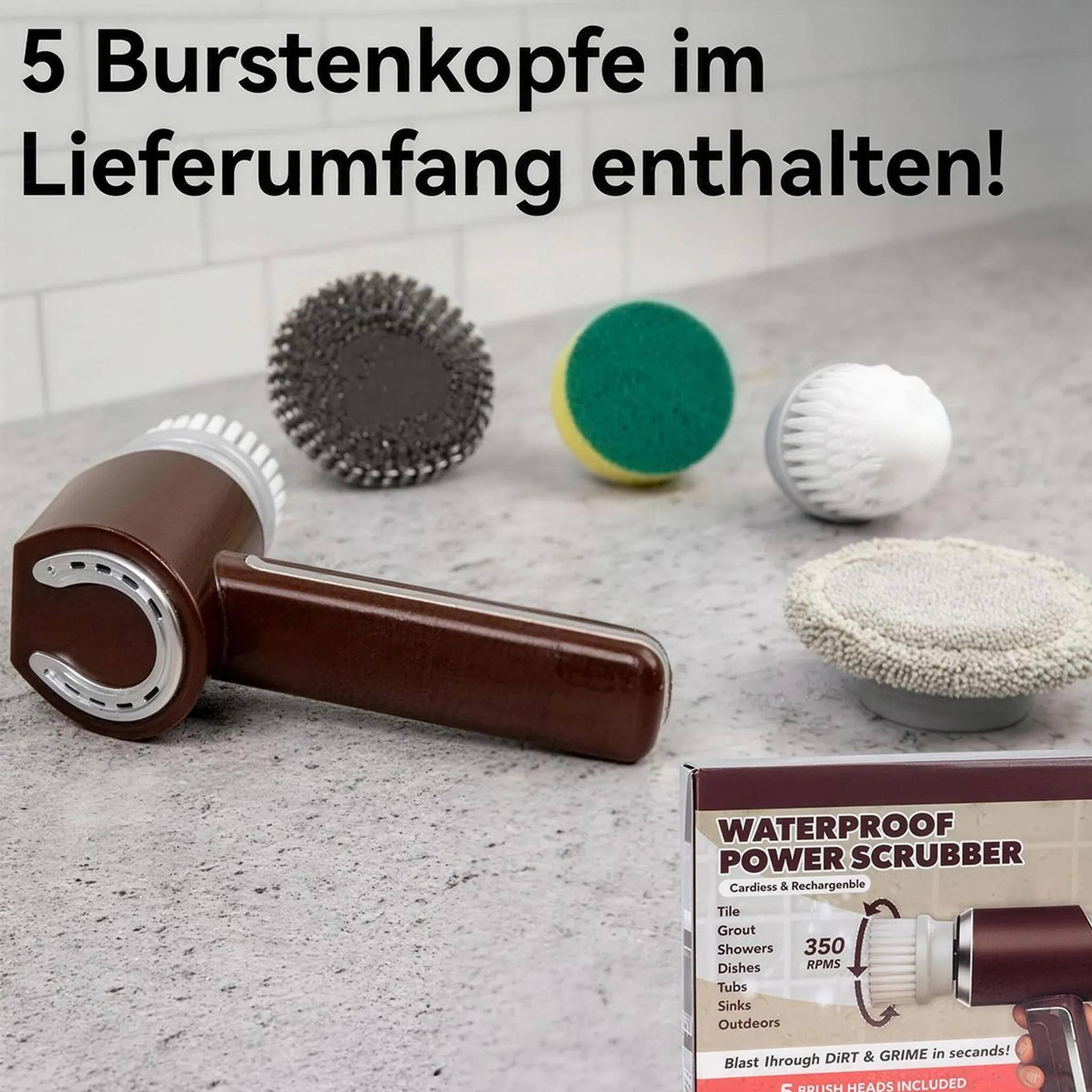 Ein brauner Power Scrubber mit fünf Bürstenköpfen auf einer Arbeitsplatte.