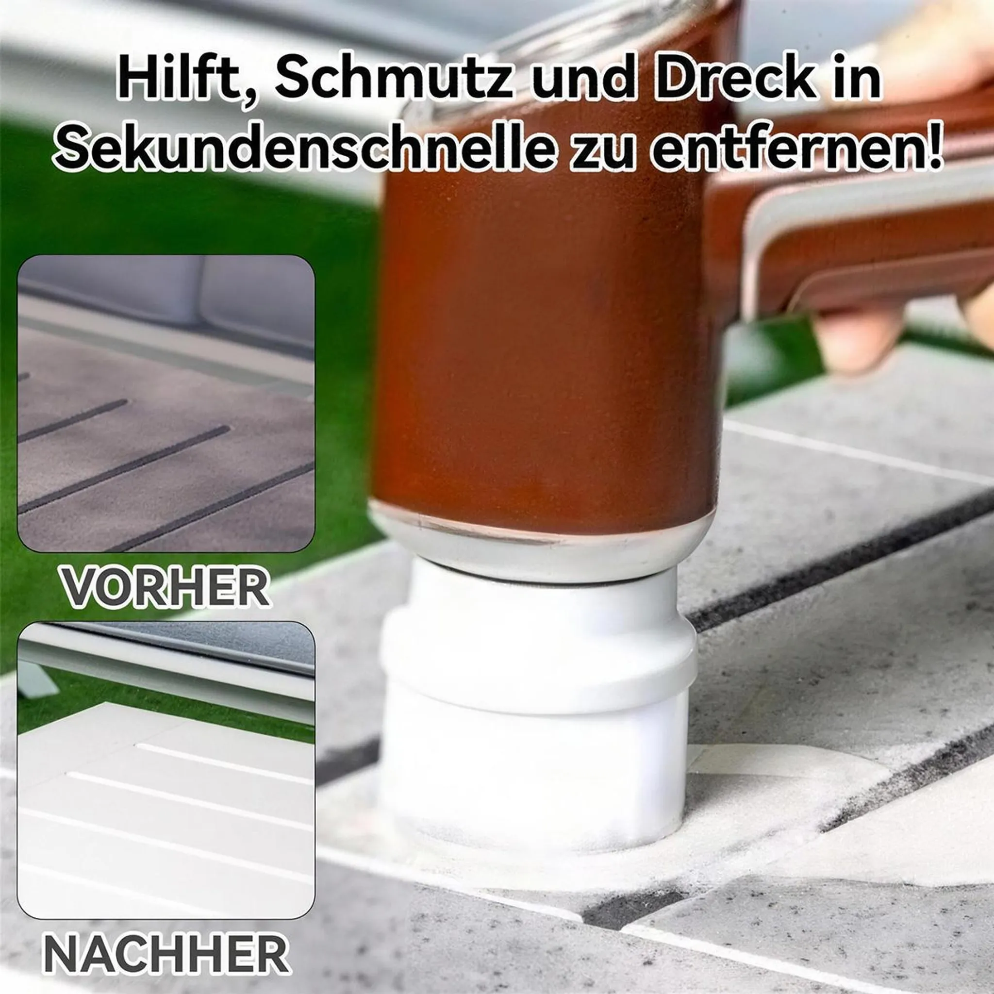 Ein Reinigungswerkzeug mit braunem Griff reinigt eine graue Oberfläche.