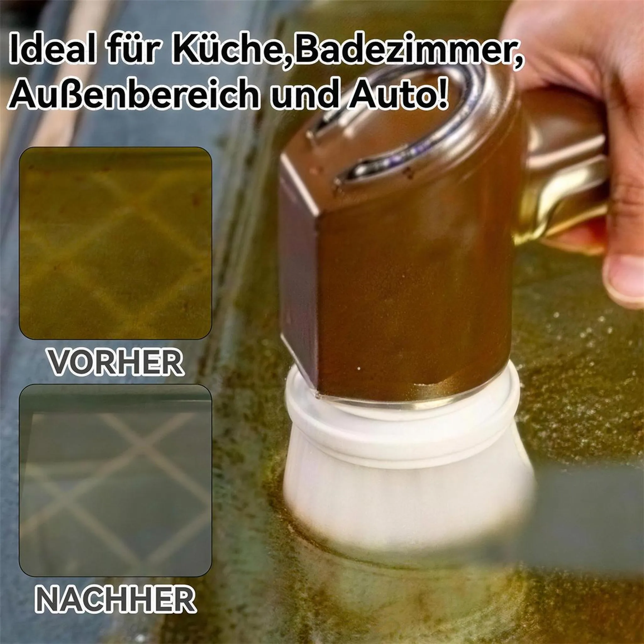 Ein brauner Reinigungsaufsatz wird über schmutzigen Oberflächen verwendet. Vorher/Nachher-Bilder.