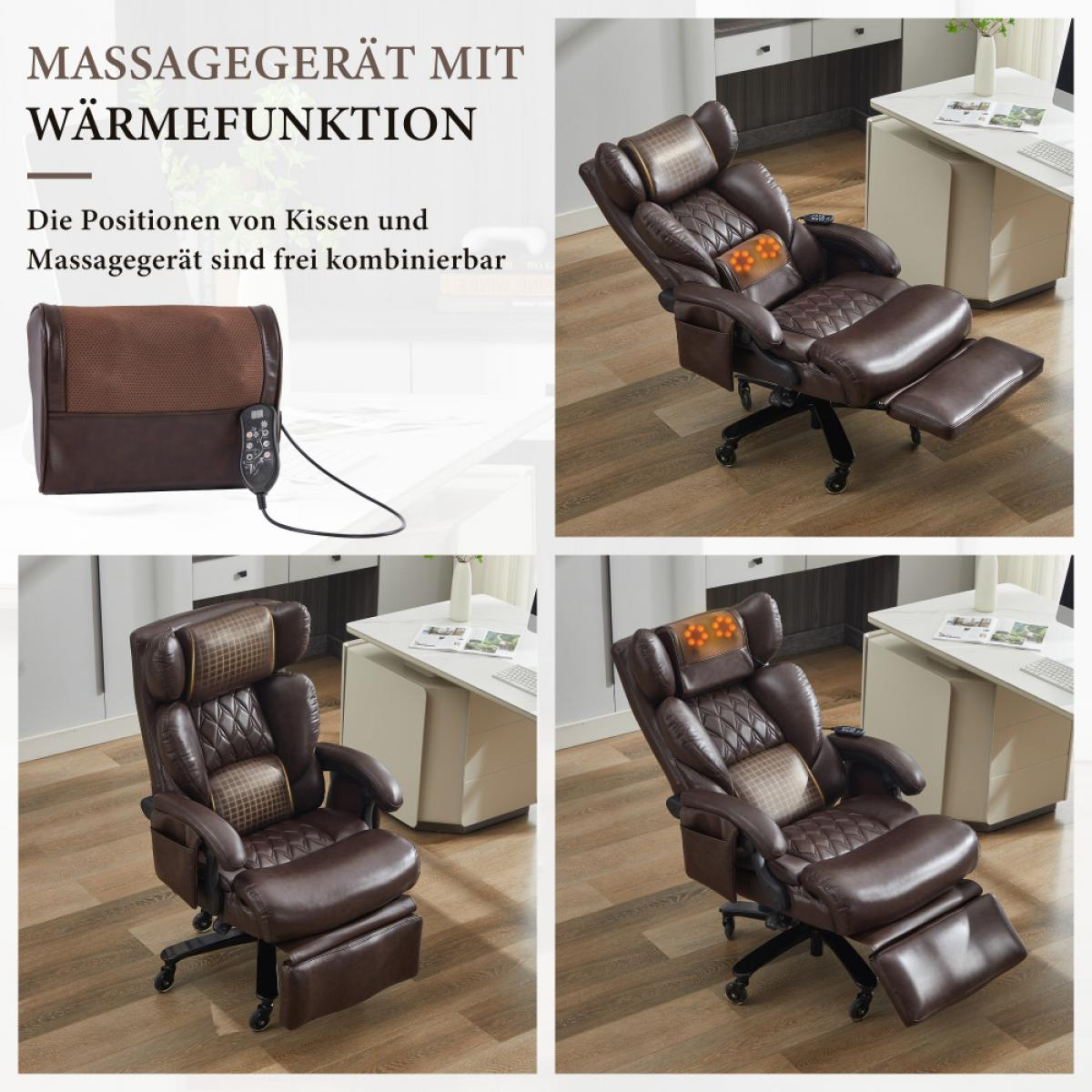 Brauner Massagesessel mit ausklappbarer Fußstütze und Wärmefunktion.